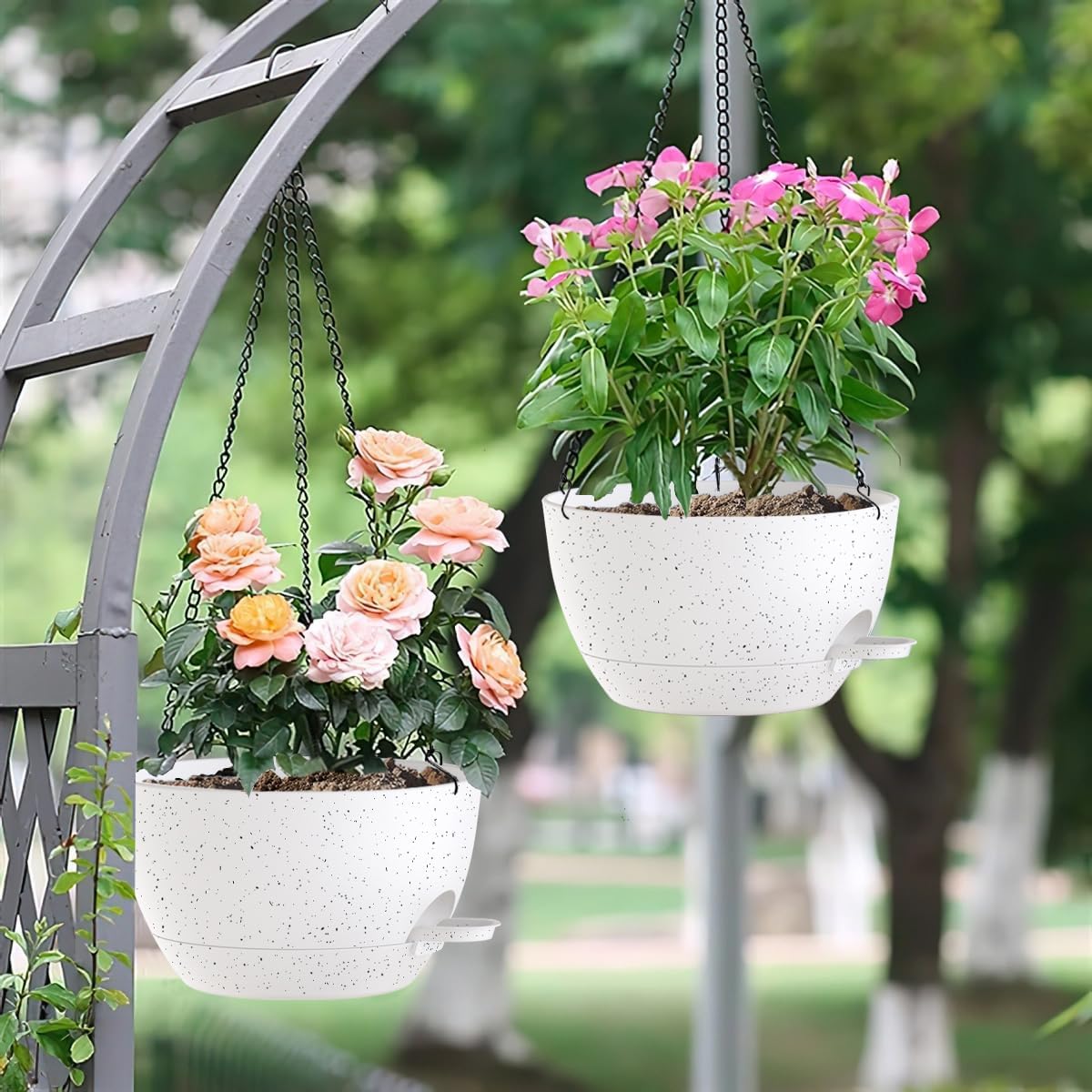 10 Inch Hanging Baskets 2 PC with Chains, Self-Watering Hanging Planters for Indoor Outdoor Plants, Plastic Hanging Flower Pots,Speckled White