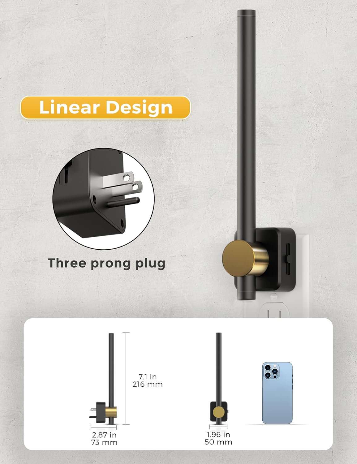 L LOHAS LED Night Light, Night Lights Plug into Wall, Dimmable Night Light 0-200LM, Nightlight Black and Gold Vanity Light Bar for Bathroom Bedroom, Soft White 3000K, Dusk to Dawn Sensor, 1Pack