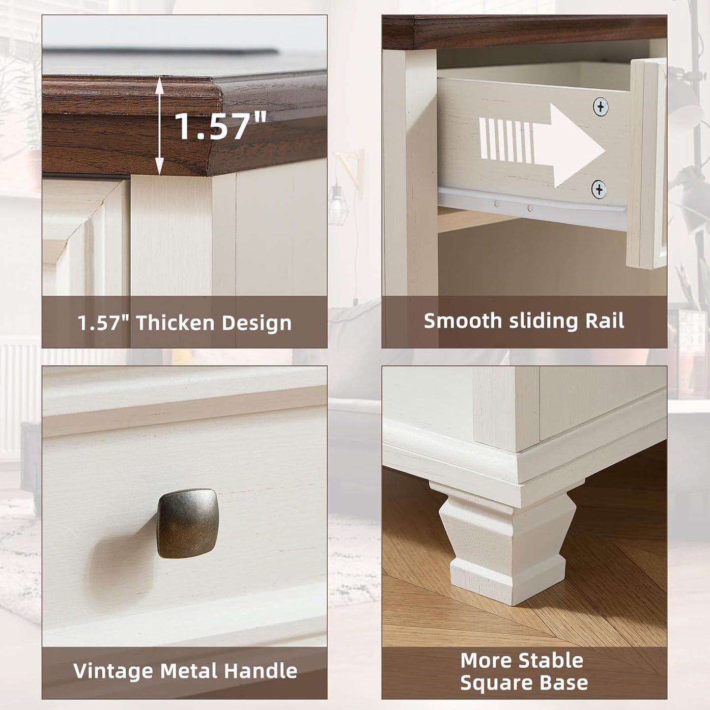 Farmhouse End Tables Living Room with Drawer, Rustic Wood Nightstand with Charging Station, Bedside Table with Open Shelf for Bed Room, Living Room, White