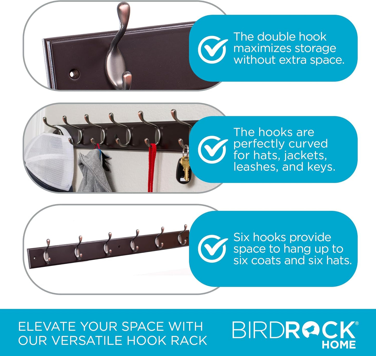 BIRDROCK HOME Oval Hook Coat and Hat Rack | 6 Hooks| Wall Mount | Brown Finish | Bronze Hooks