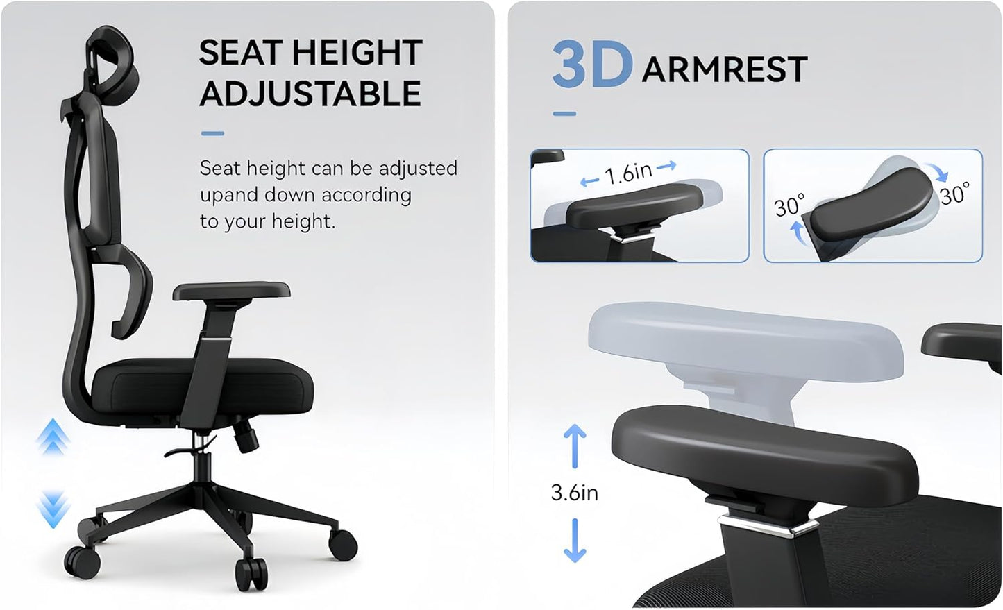 Ergonomic Office Chair, high-Back Office Chair, Black mesh Office Chairs, 3D armrest, Adjustable headrest, Tilt Function,The Most Comfortable Office Chairs