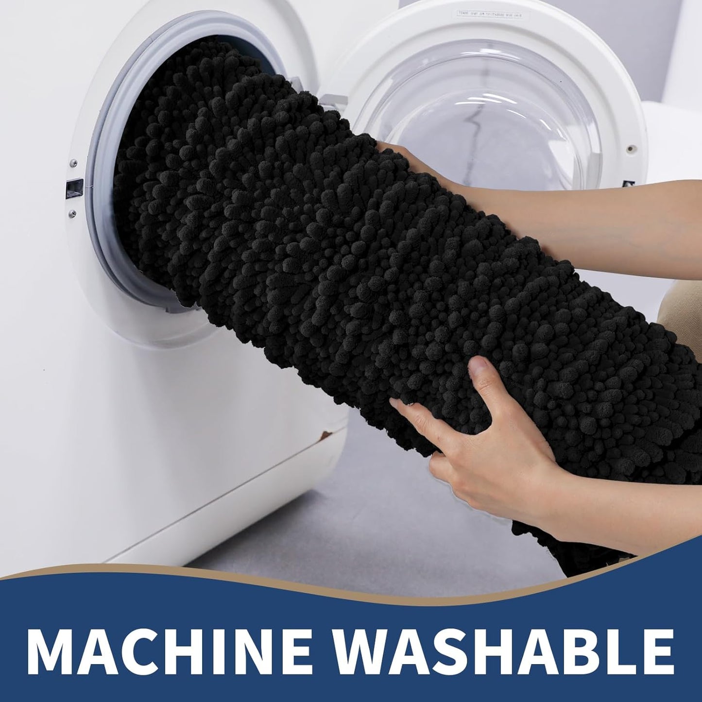 Yimobra Bathroom Rugs Sets 2 Piece - Quick Dry Extra Thick Luxury Chenille Bath Mat, Non Slip Super Absorbent for Tub Shower Sink, Machine Washable Shaggy Floor Mat, 44"x24"+24"x17" Inch, Black