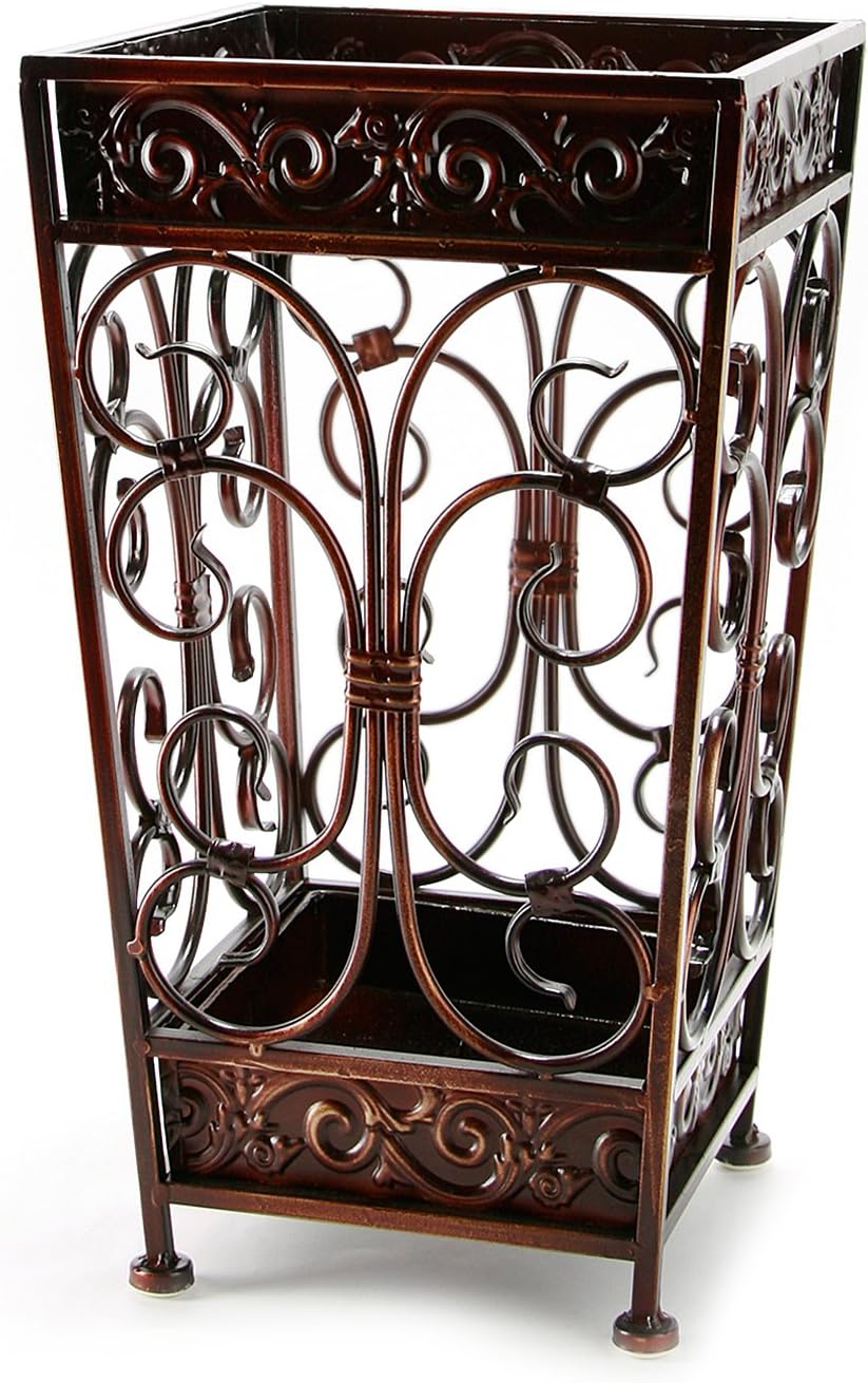 Super Quality Umbrella Stand, Umbrella Holder, Antique Look Metal, Entry Hallway Décor, Square Style, w/Removable Drip Tray. (Red-Brown)