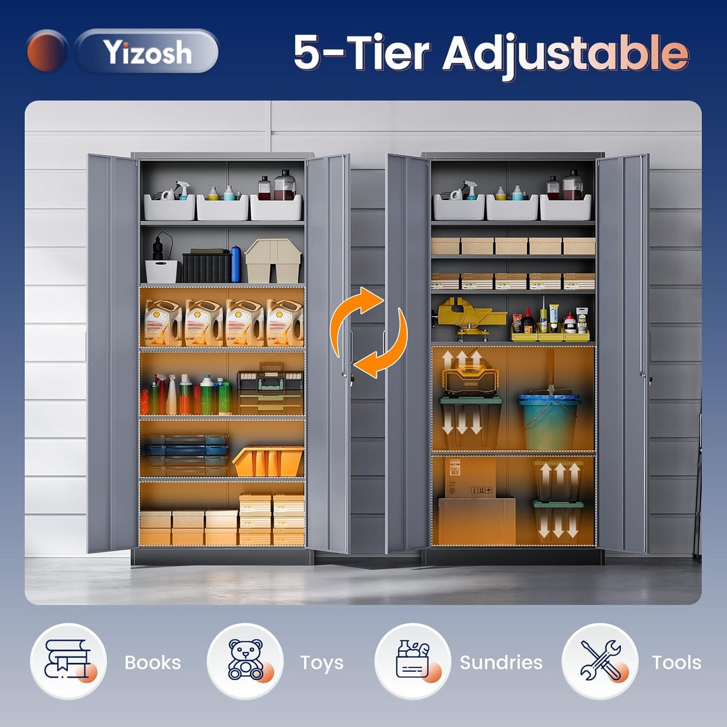 Yizosh Metal Garage Storage Cabinet with 2 Doors and 5 Adjustable Shelves - 71" Steel Lockable File Cabinet,Locking Tool Cabinets for Office,Home,Garage,Gym,School (Gray Black)