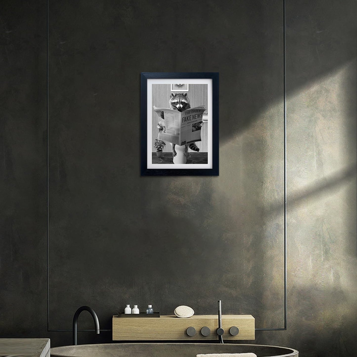 Kids Bathroom Wall Art Funny Raccoon in Toilet Decor Black and White Bathroom Picture Cute Animal Canvas Print Artwork