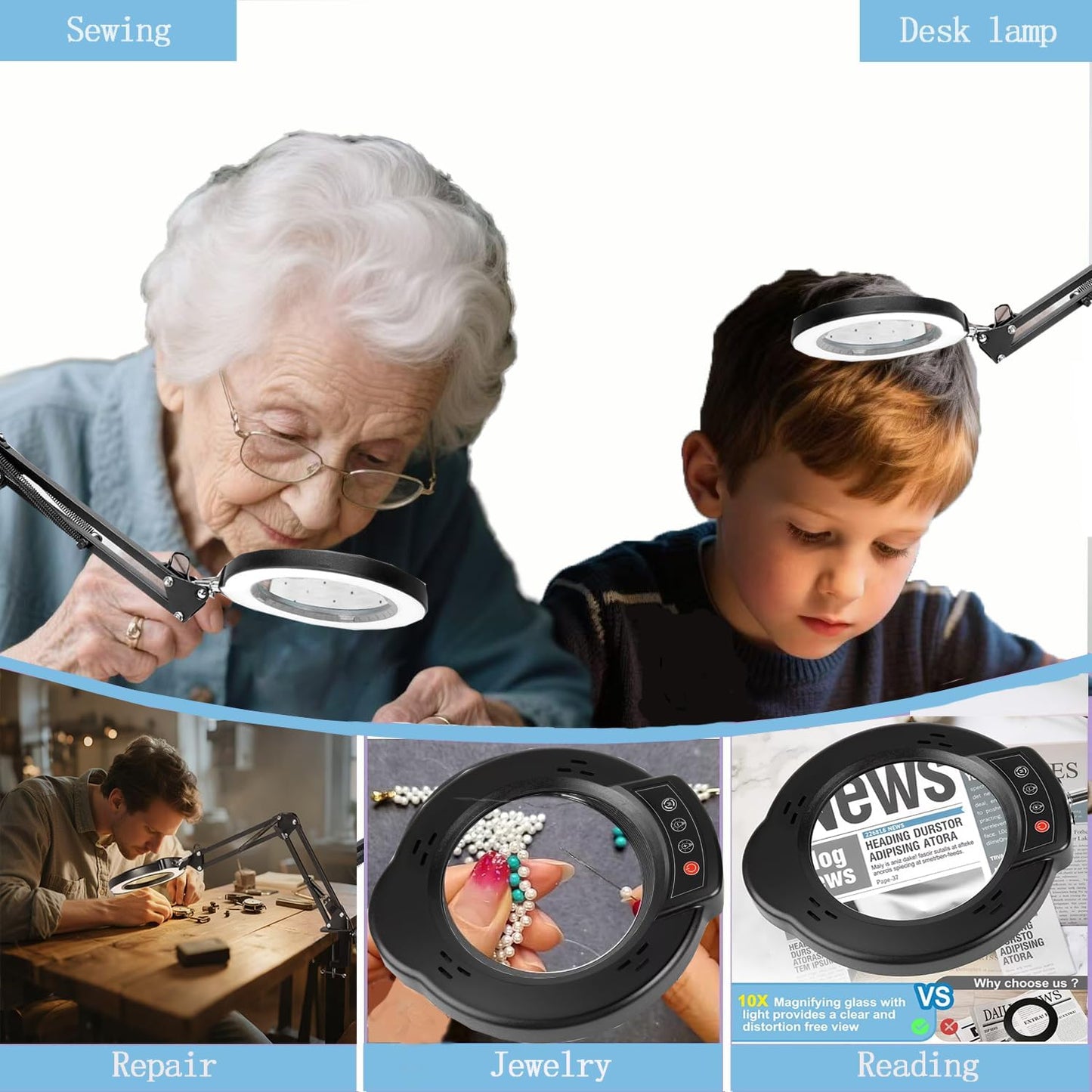 Upgrade 10X Magnifying Glass with Light and Stand, Real Glass Magnifying lamp, 5 Color Modes Stepless Dimmable, 84 LEDs, Magnifier with Light Hands Free for Close Work, Reading Craft Repair