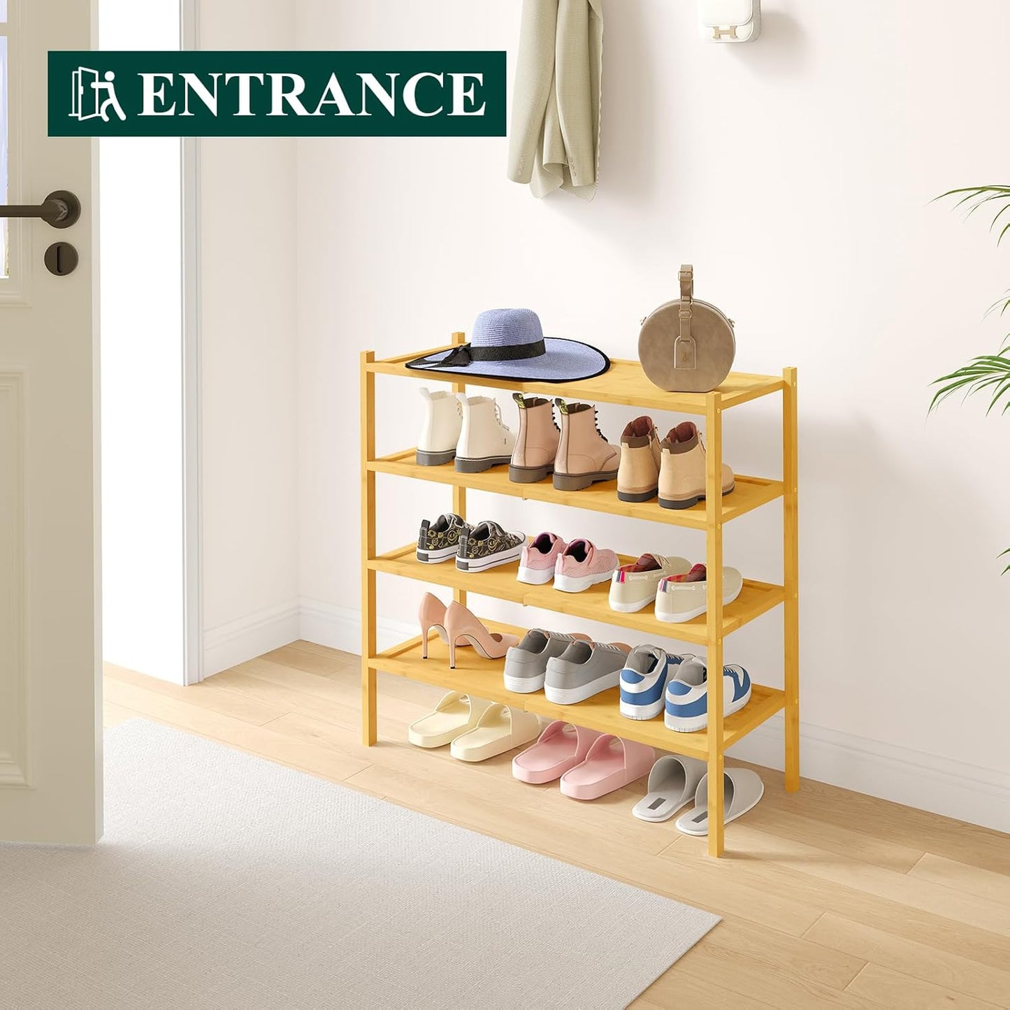 Smiry Bamboo Shoe Rack, 4 Tier Shoe Organizer for Entryway & Closet, Stackable Free Standing Storage Shelf for Shoes, Bags & Plants, Natural