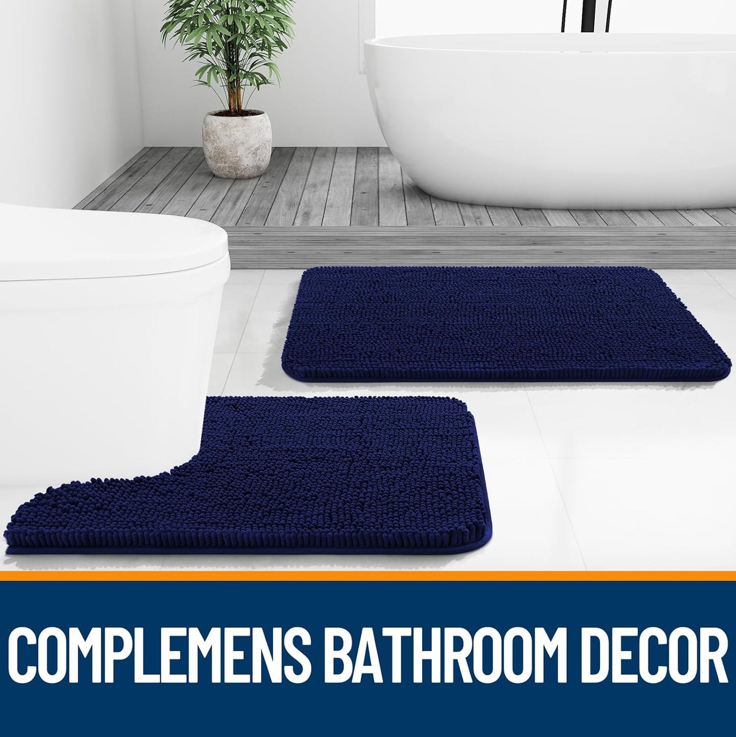 OLANLY Bathroom Rugs Sets 3 Piece, Soft Absorbent Chenille Bath Mats and U-Shaped Contour Toilet Rug, Quick Dry, Home Decor Accessories, Bath Mat Set for Bathroom (47"x20"+24"x16"+24"x20", Navy)