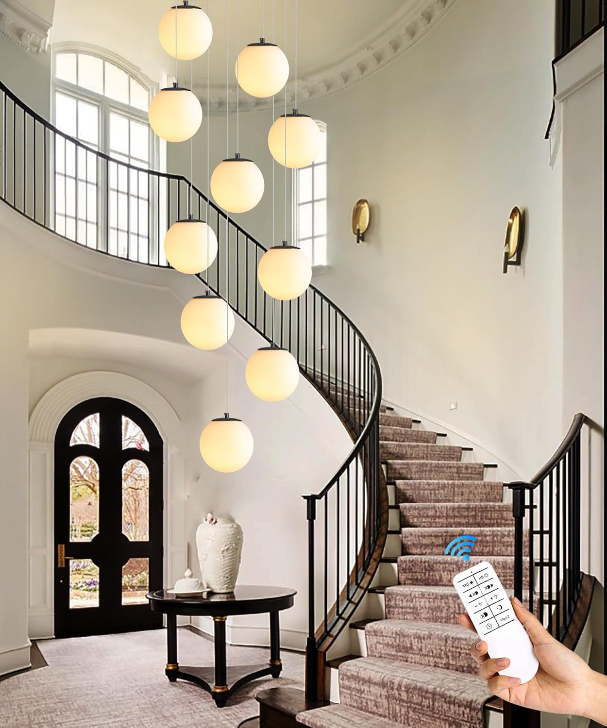 10-Light Black Chandelier with White Globe Glass Dimmable Ceiling Light Glass Pendant Light for Kitchen Island, Dining Room, Living Room, Entry Hallway, LED Bulbs Included