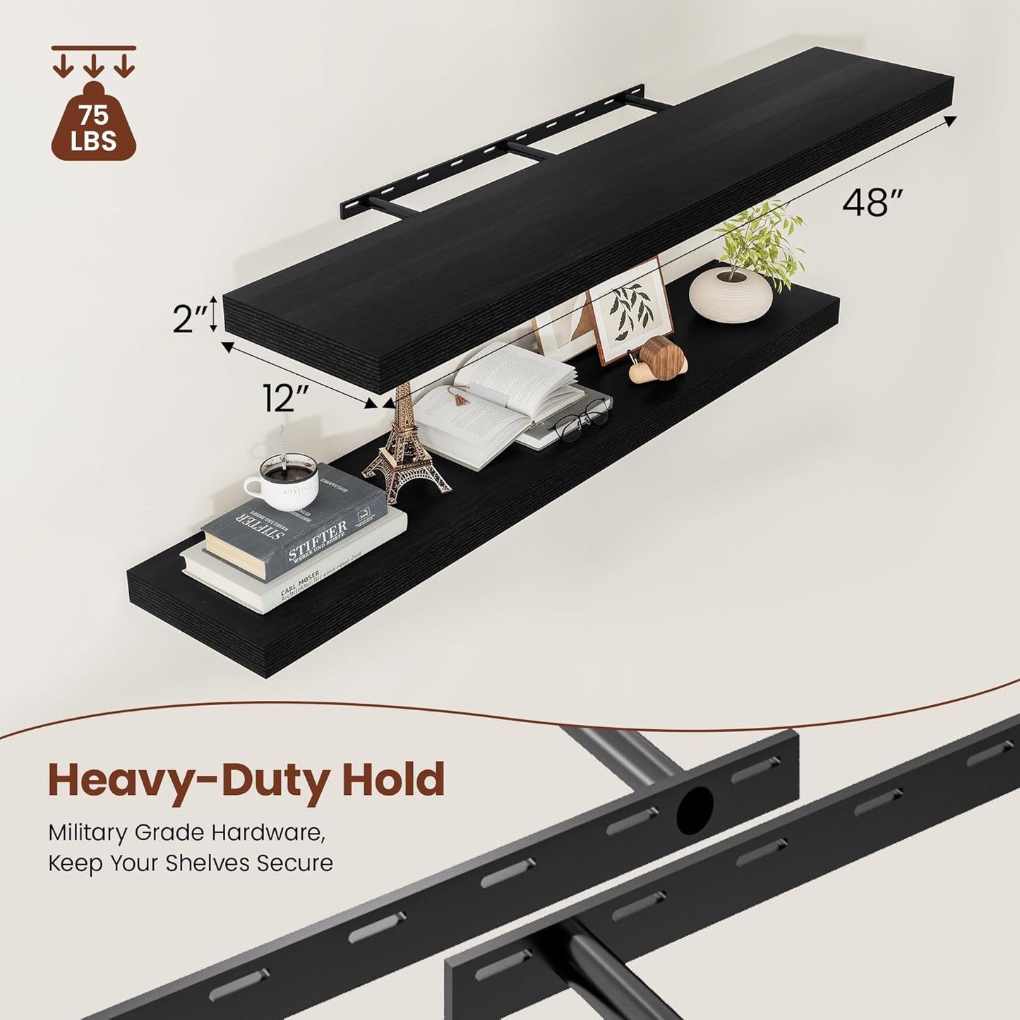 Black Floating Shelves for Wall 48 Inches Long, 12" Deep Wall Shelves 2" Thick, Heavy Duty Shelf for Bedroom, Bathroom, Living Room, Kitchen, Office, Home Decor, Modern Shelf Set of 2, 48" X 12" X 2"