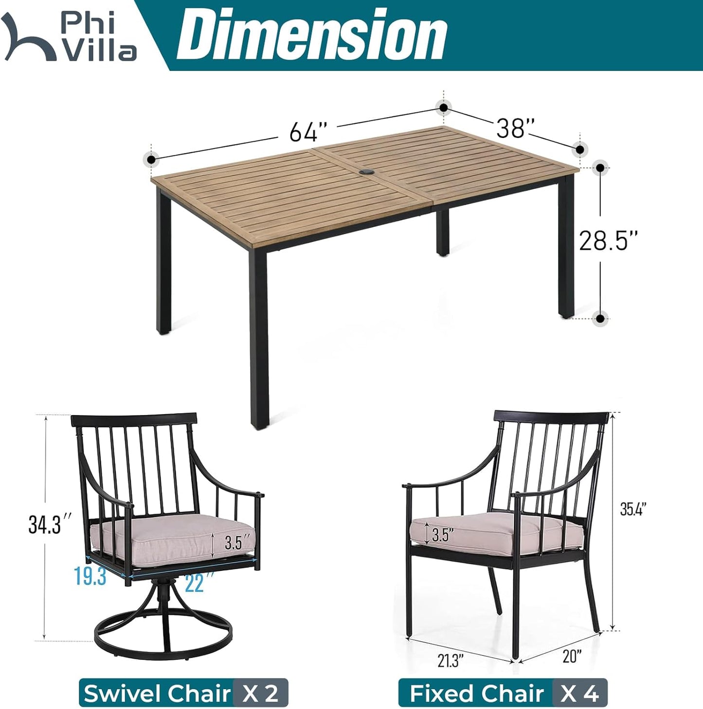 PHI VILLA 7 Pieces Outdoor Dining Set for 6, 65” Wood-Like Metal Rectangle Dining Table & Swivel Chairs with Cushions, Large Modern Dining Furniture Set for Patio, Deck, Porch, Backyard