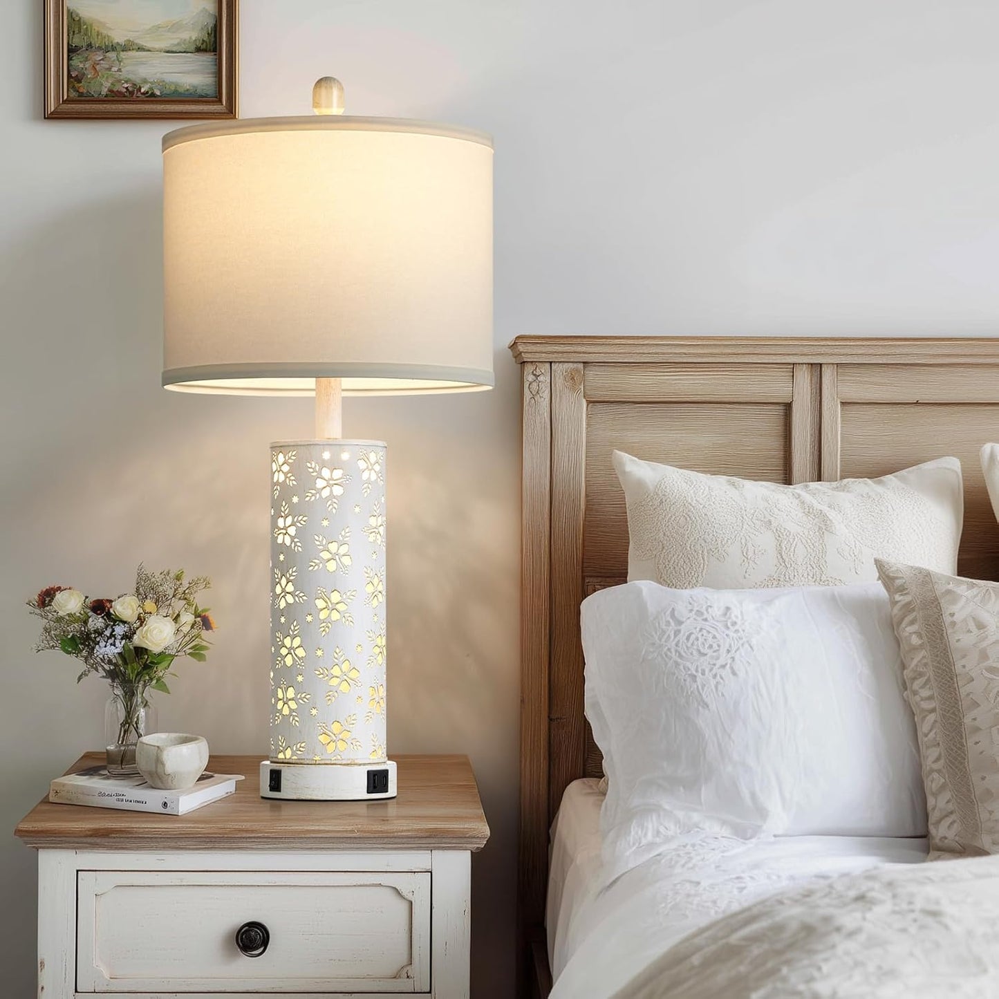 Set of 2 Rustic Table Lamps for Living Room Bedroom, Vintage Farmhouse Nightstand Lamp with 2 USB Ports, Hollow Out Metel Lamp for End Table with Nightlight (Retro White)