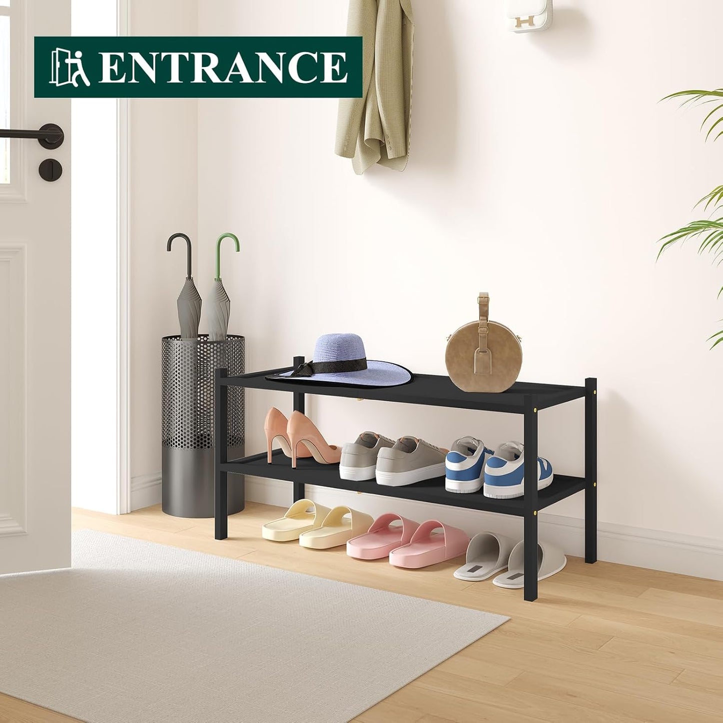Smiry Bamboo Shoe Rack, 2 Tier Shoe Organizer for Entryway & Closet, Stackable Free Standing Storage Shelf for Shoes, Bags & Plants, Black
