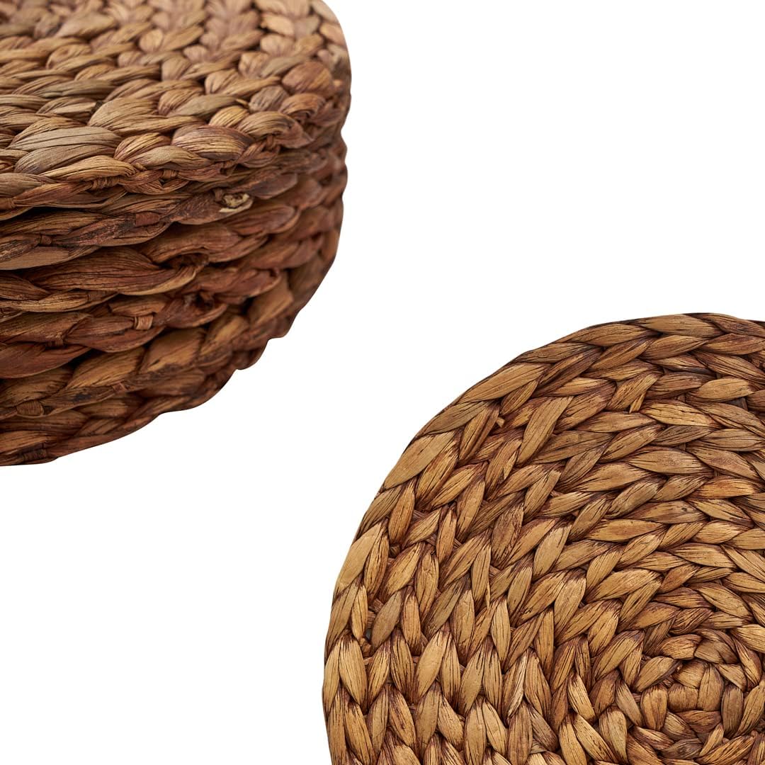 BARIEN Brown Woven Placemats Round Set of 10, Natural Water Hyacinth Weave Placemat for Dining Table, Large Handmade Woven Placemats Heat Resistant Non-Slip (12")