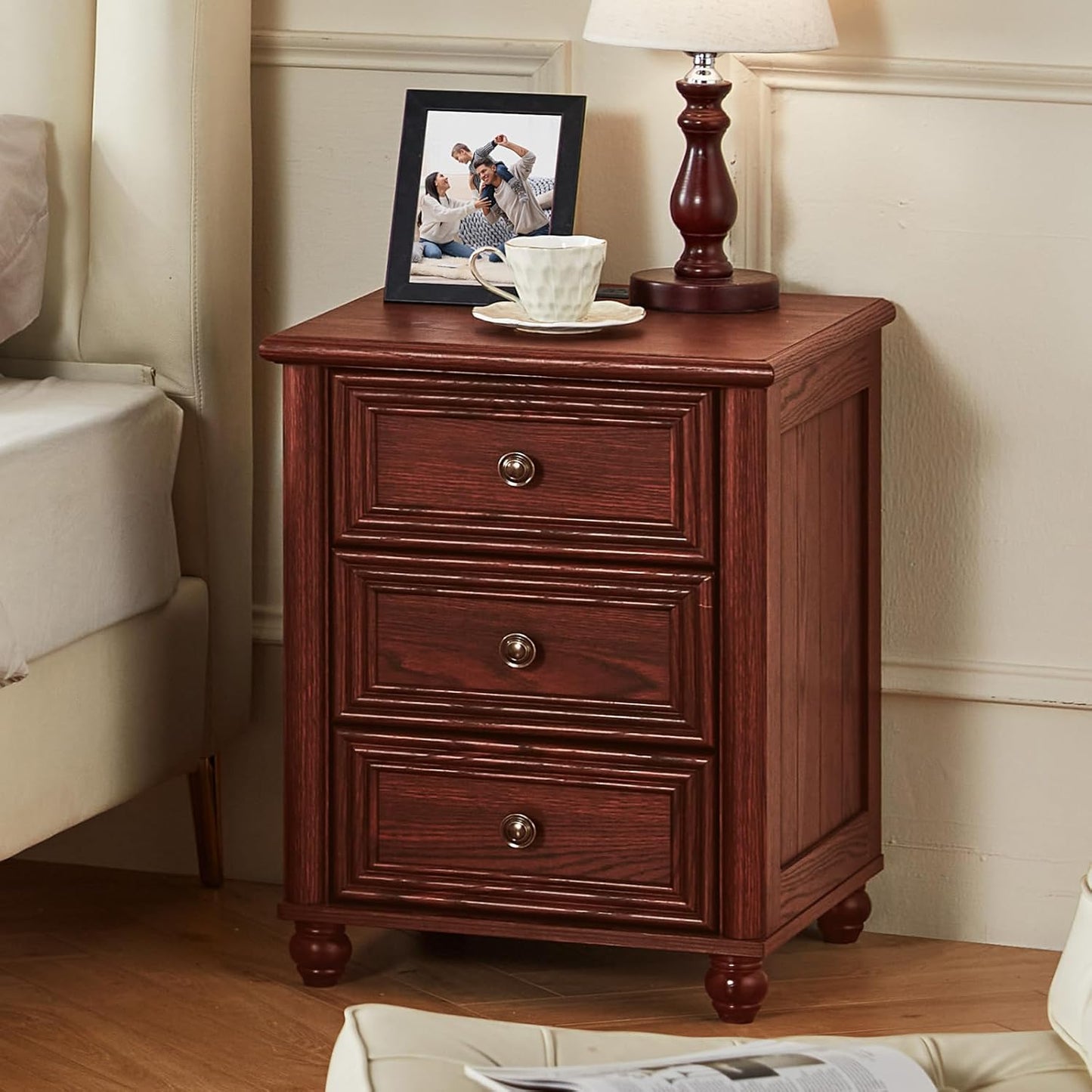 18" Farmhouse Nightstand with Charging Station and USB Port, RedOak Night Stand with 3 Drawers, Wood Bedside End Table with Storage, Bed Side Tables for Bedroom Living Room and Closet