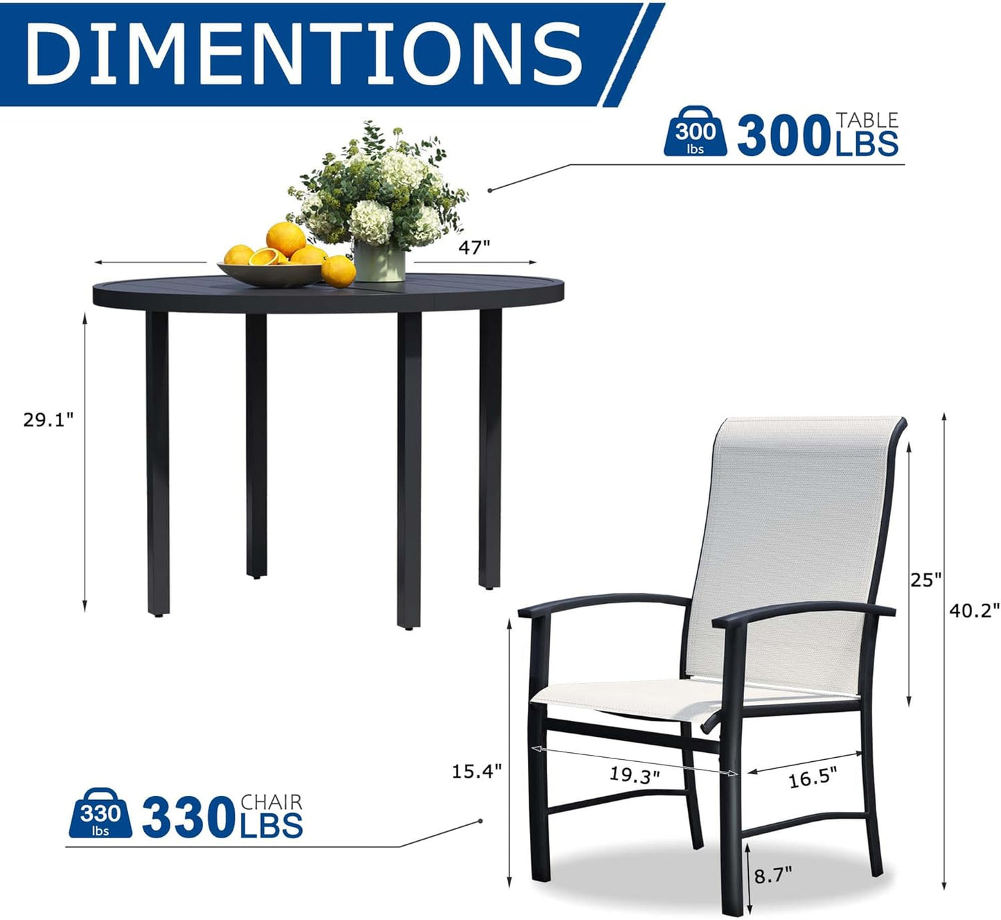 7 Piece Outdoor Dining Set, Patio Table and Chairs Set of 6, 47" Black Round Patio Table with 6 Oyster Beige Patio Chairs for Lawn, Garden, Porch