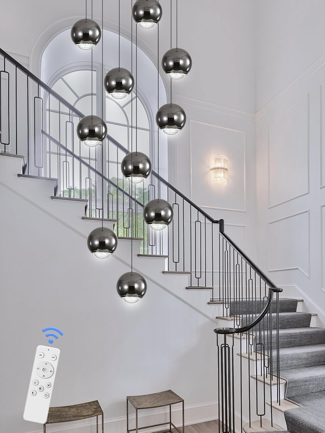 10-Light LED Staircase Black Chandelier Crystal Ceiling Lights Large Chandeliers for High Ceilings, Entryway Modern Lighting Fixture Villas and Stairs