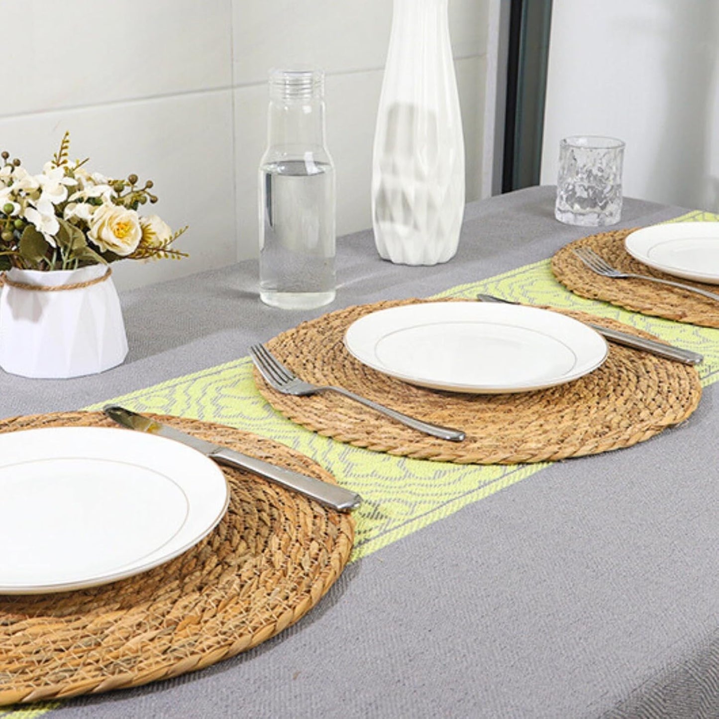 Round Woven Placemats Set of 12, 12" Boho Rattan Chargers for Dinner Plates, Natural Farmhouse Weave Place Mats, Rustic Braided Wicker Table Mats for Dining Table, Home, Outdoor