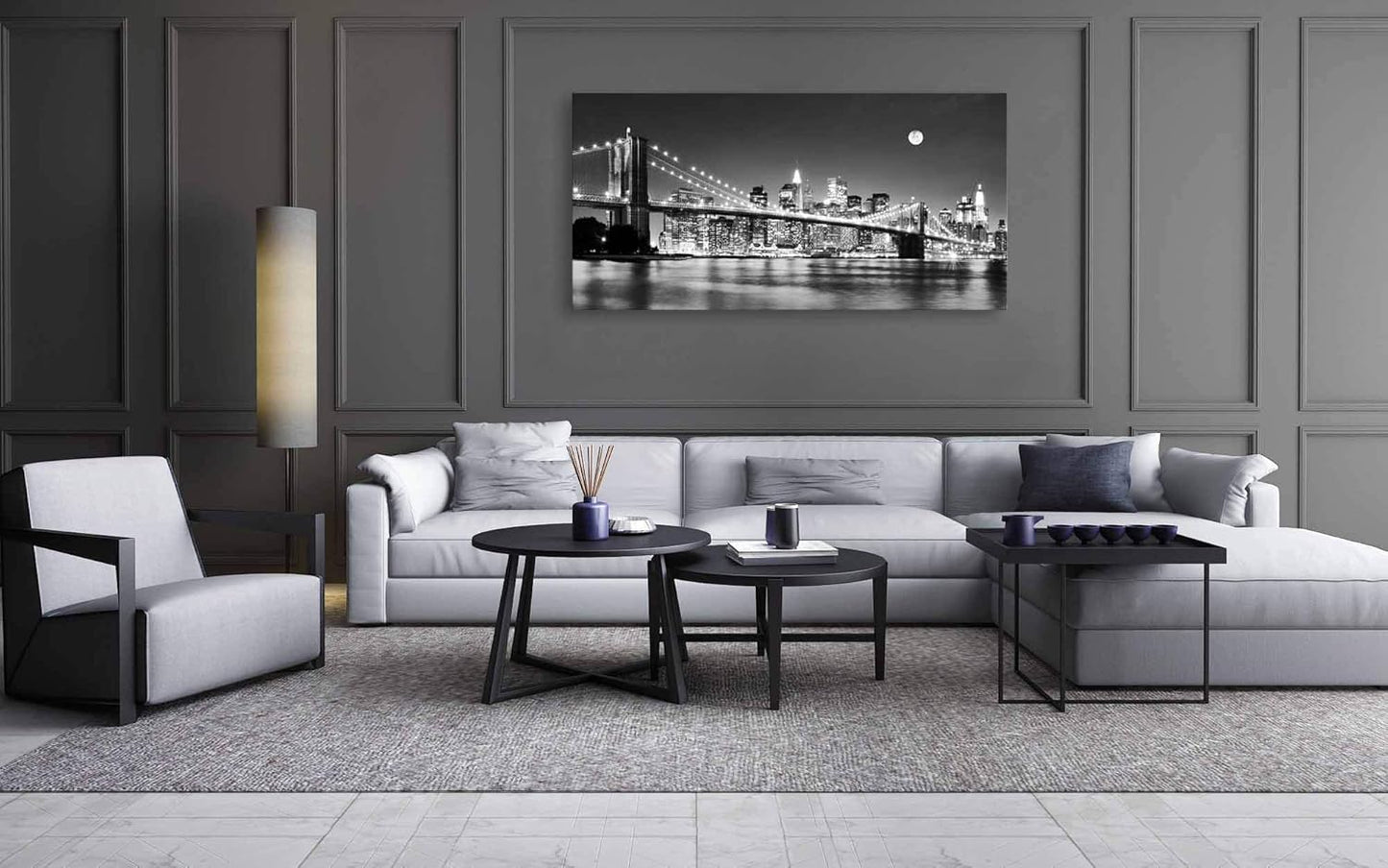 Baisuart-Q30362 Brooklyn Bridge Night View 1 Panels Landscape Artwork Canvas Prints Moon Night New York City Scene Picture Paintings Black and white Wall Art for Oiffce Home Decorations Wall Decor