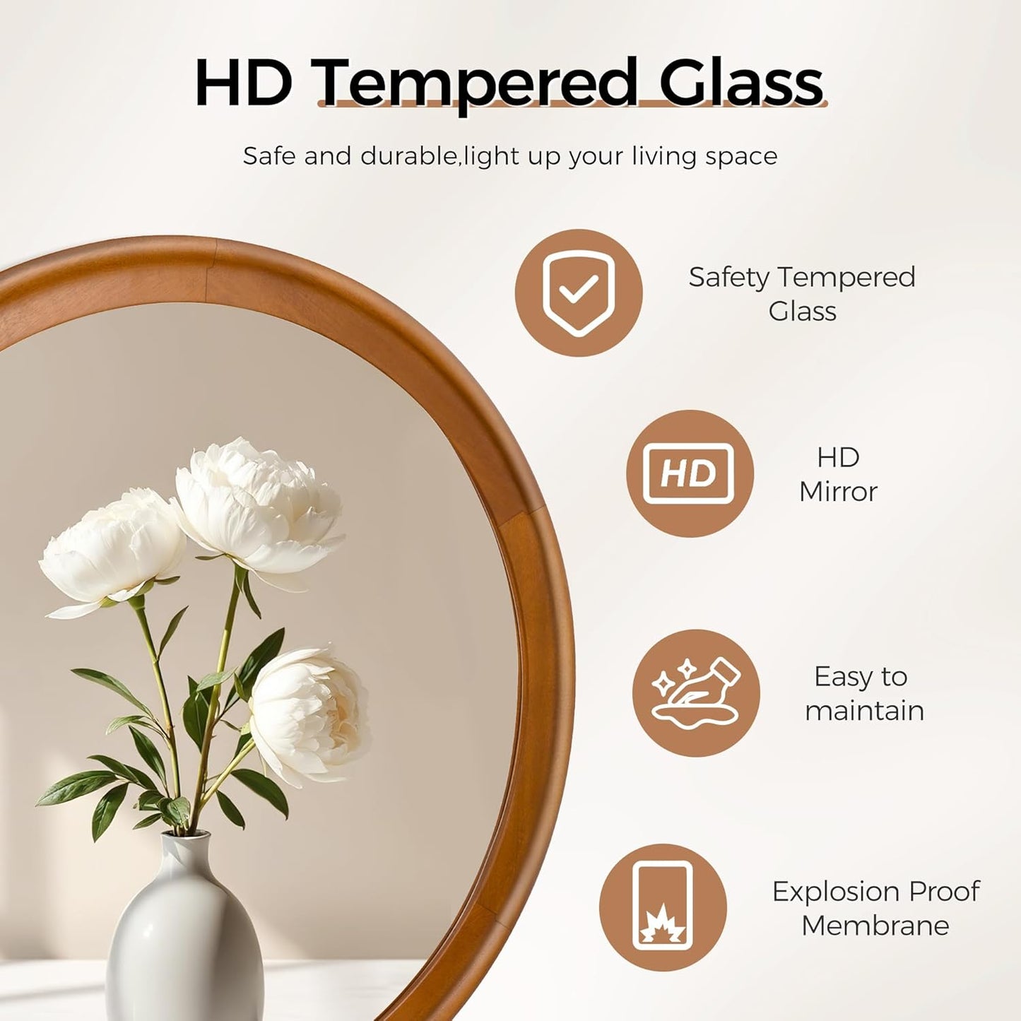 Round Wood Mirror for Wall,36 Inch Circle Decorative Mirror with Walnut Frame,Rustic Bathroom Hanging Vanity Mirror for Entryway,Bedroom or Living Room