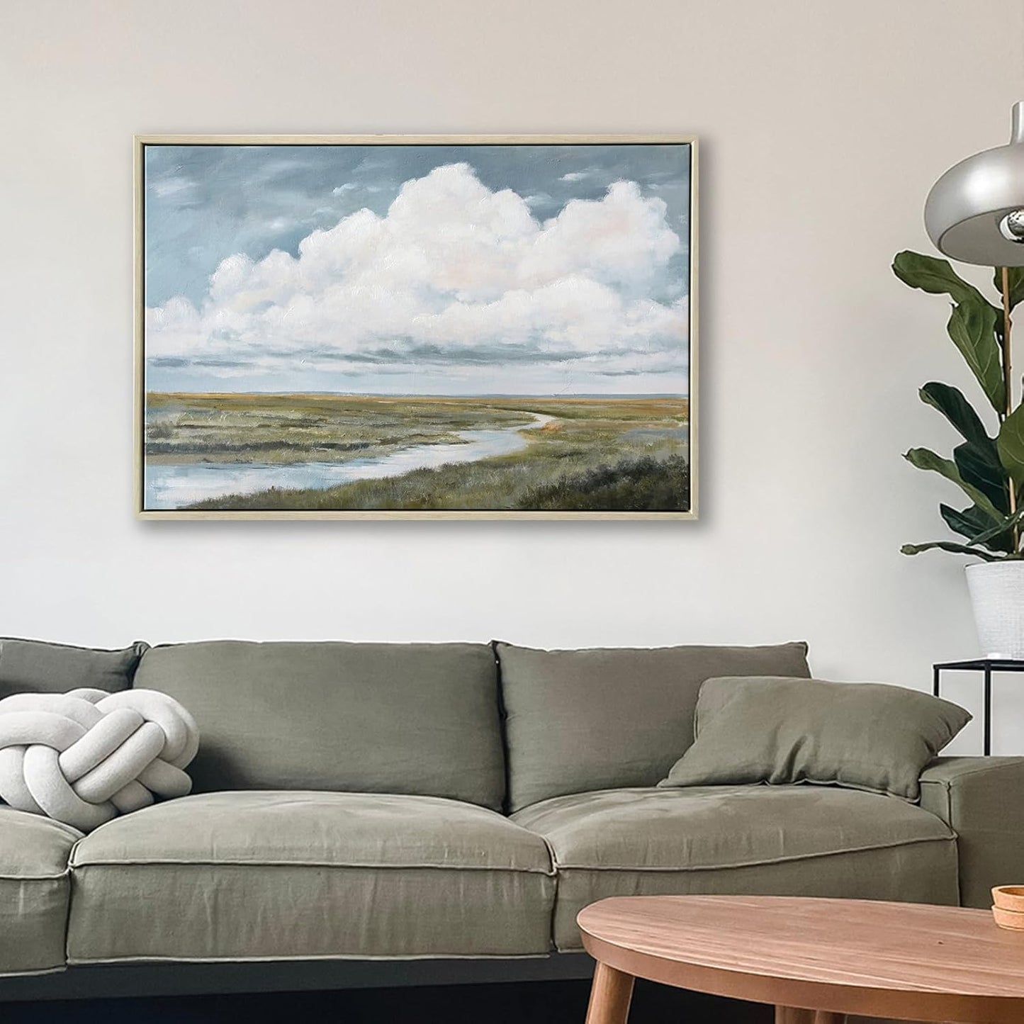 Framed Canvas Landscape Wall Art, Serene Sky cloud wall decor Retro Coastal Classic Painting Lake Scene Illustrations Antique Fine Art Nature Wall Decor for Bedroom Office Home living room, 17"x24.5"