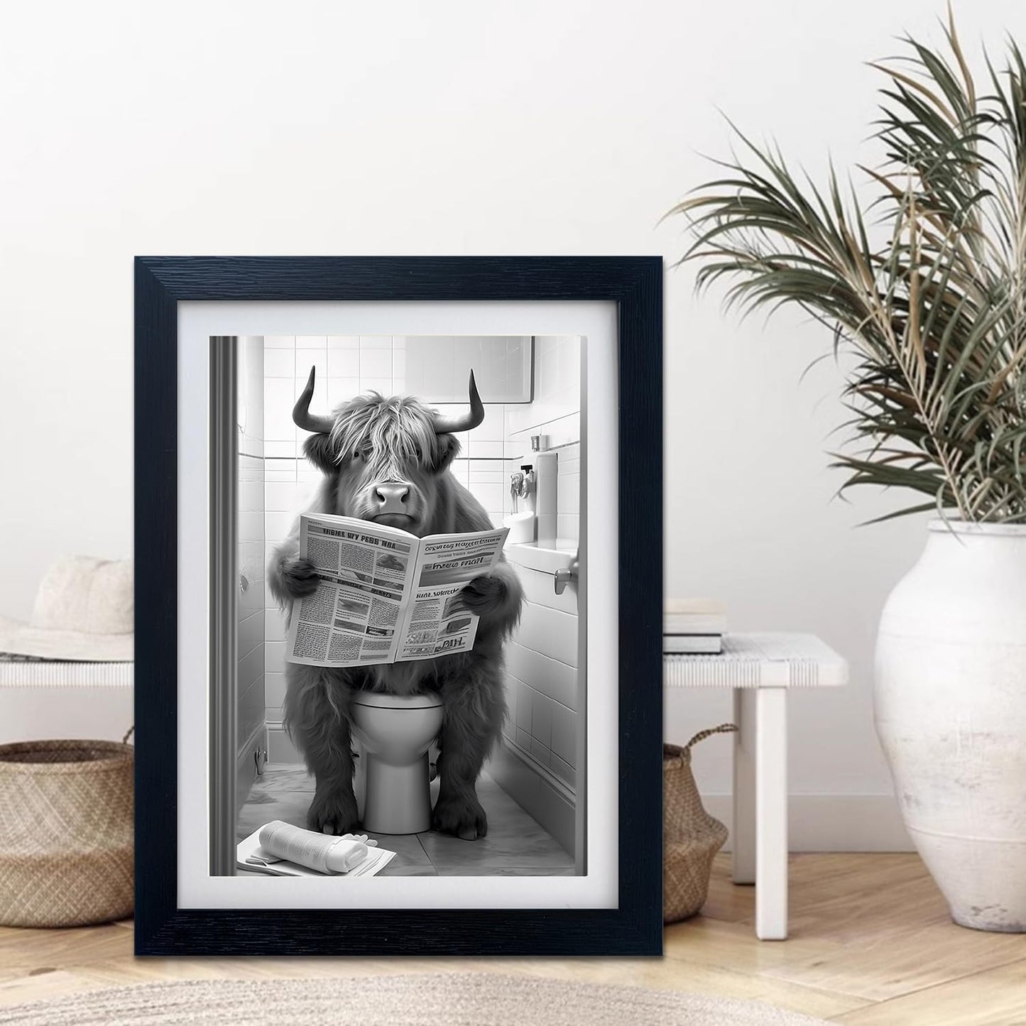 Highland Cow Pictures Bathroom Wall Decor Cow on Toilet Artwork Black and White Funny Bathroom Wall Art Animal Print