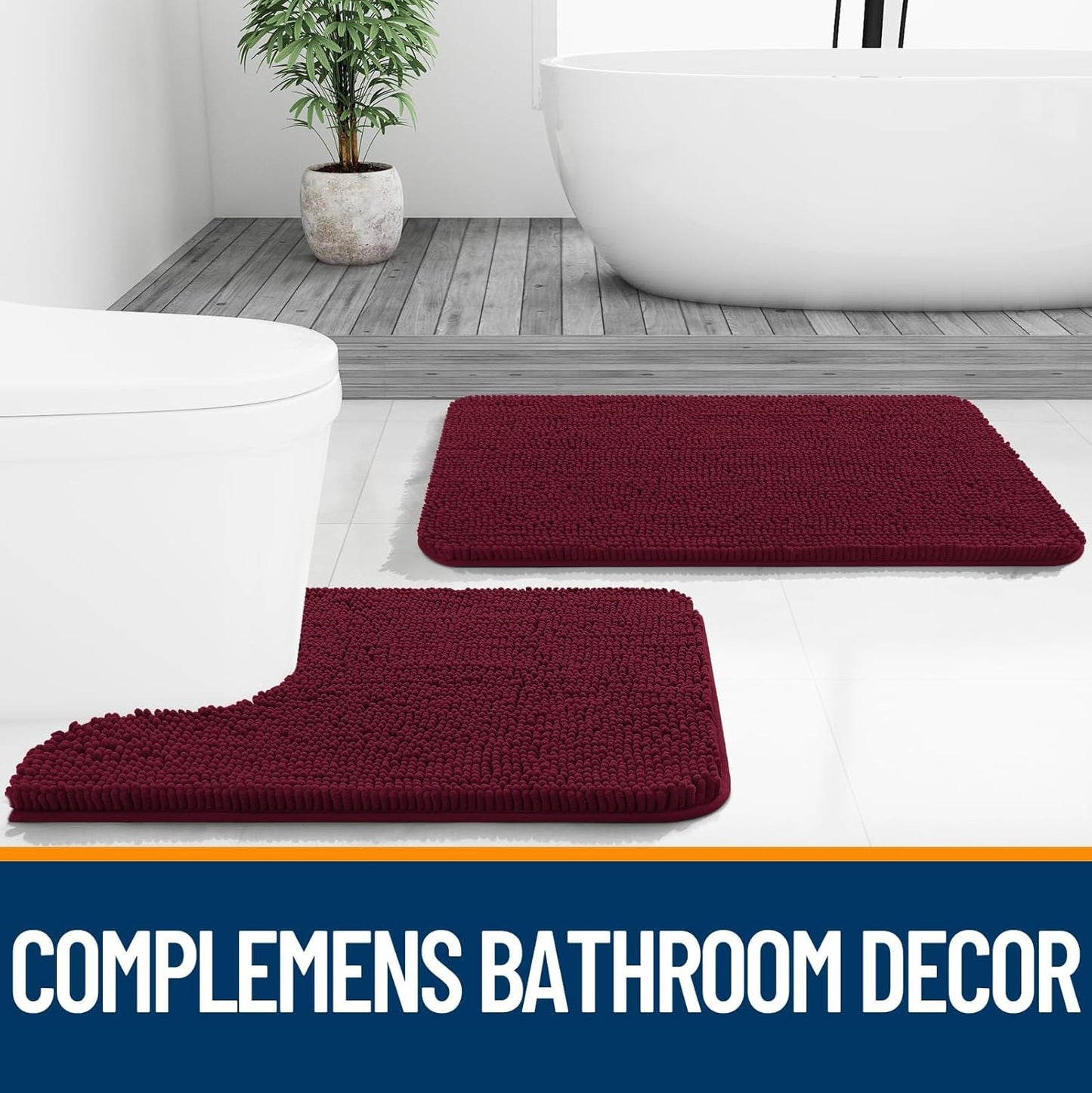 OLANLY Bathroom Rugs Sets 3 Piece, Soft Absorbent Chenille Bath Mats and U-Shaped Contour Toilet Rug, Quick Dry, Home Decor Accessories, Bath Mat Set for Bathroom (36"x24"+24"x16"+24"x20", Burgundy)