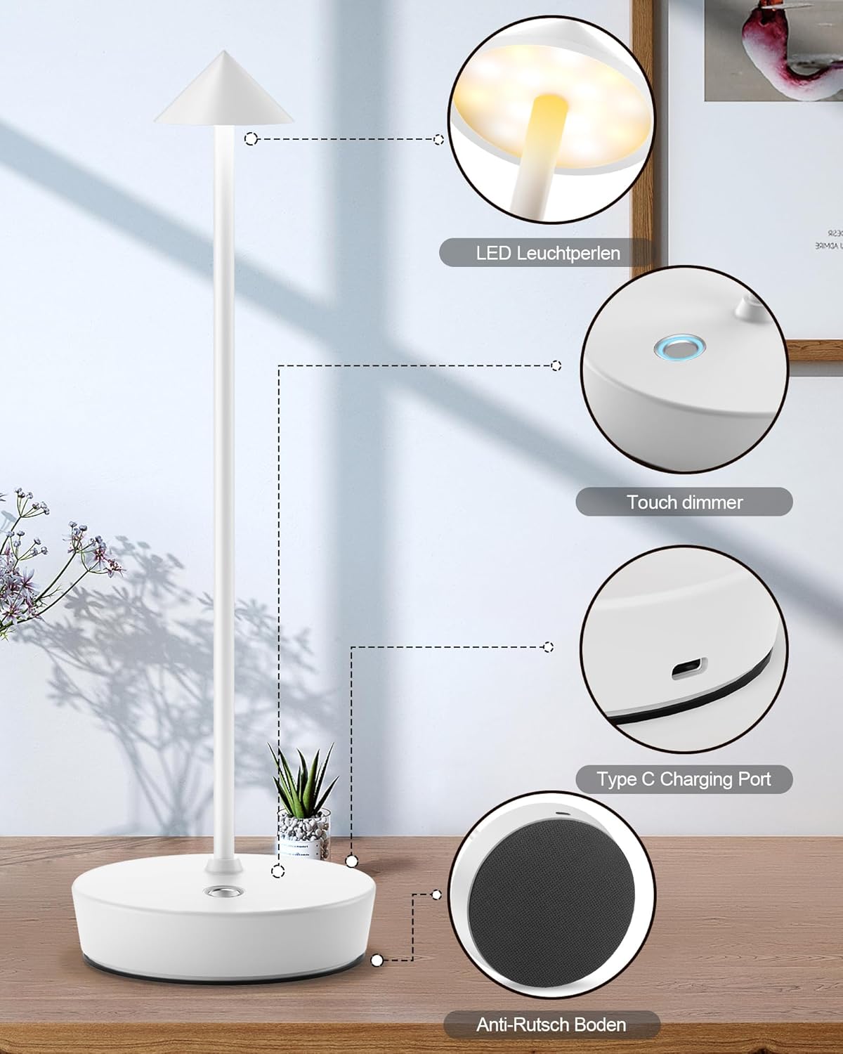 Cordless Table Lamps Rechargeable, 6000mAh Battery Operated LED Desk Lamp Outdoor Waterproof Portable Touch Dimmable Table Night Light for Patio Restaurant Dining Home White