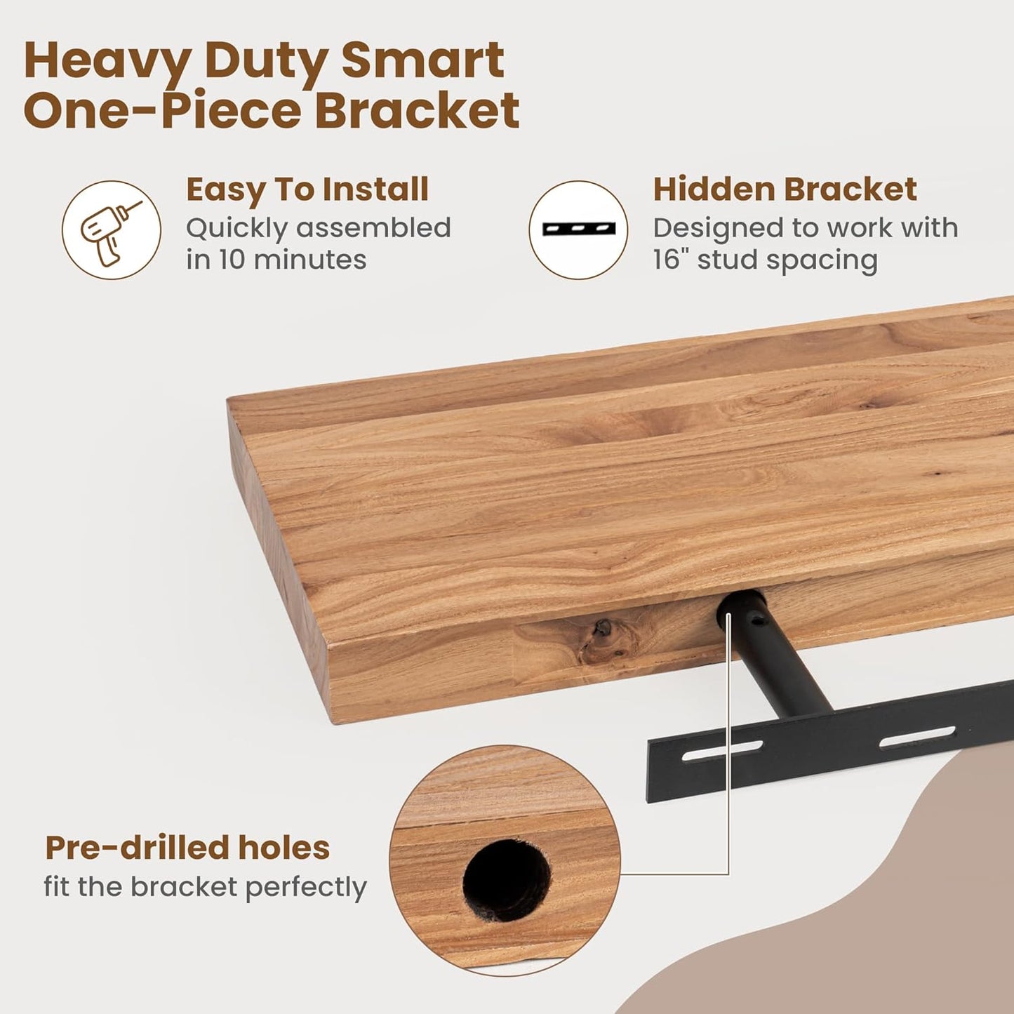 Floating Shelves for Wall Decor, 8" Deep Rustic Solid Elm Wood Floating Shelves Wall Mounted, Wall Shelves with Invisible Bracket for Living Room Bathroom Bedroom Kitchen, 48 Inch Set of 1, Natural