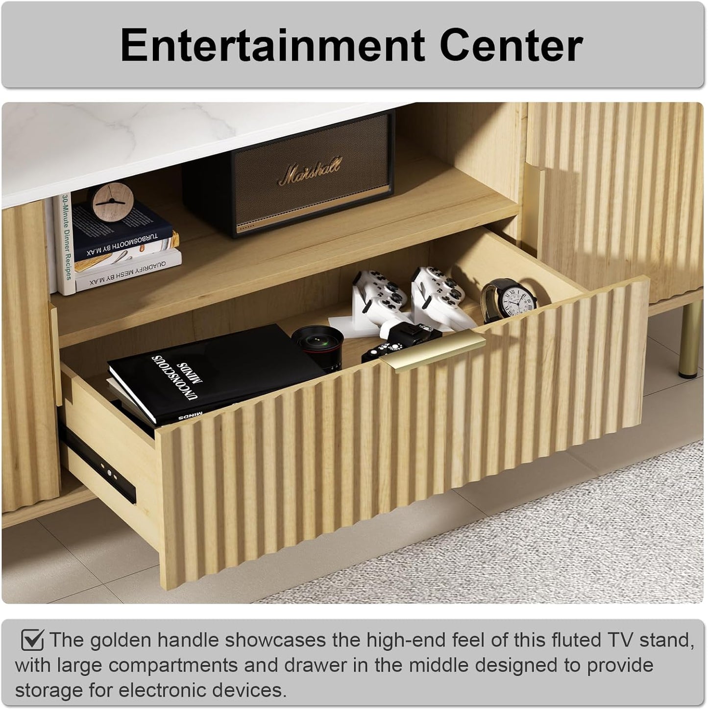 68.5" Fluted TV Stand, Modern Entertainment Center for TVs Up to 68 inch, Wood TV Console with Faux Marble Top and LED, TV Cabinet Media Console, for Living Room, Bedroom, Oak