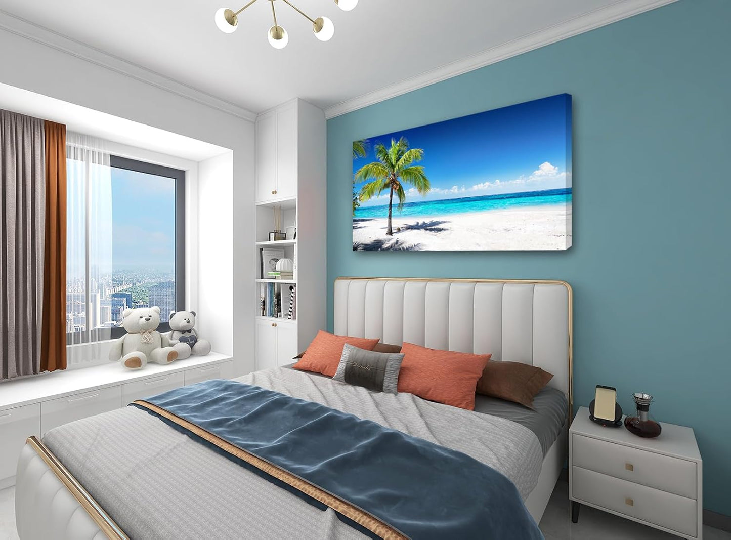 Baisuart Large Canvas Wall Art Summer Ocean Waves Coconut Trees on Sands Beach Seascape Painting Sea Nature Pictures for Living Room Home Office Wall Decor Artwork XXLarge 30x60inch