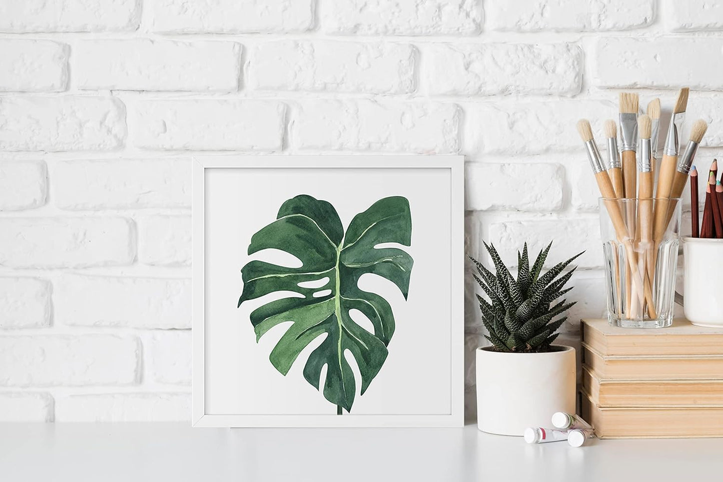 ArtbyHannah Framed Bathroom Wall Decor, 10x10 Inch Botanical Wall Art with Sage Green Plant Print for Wall Decoration, Minimalist Restroom Decor (White)