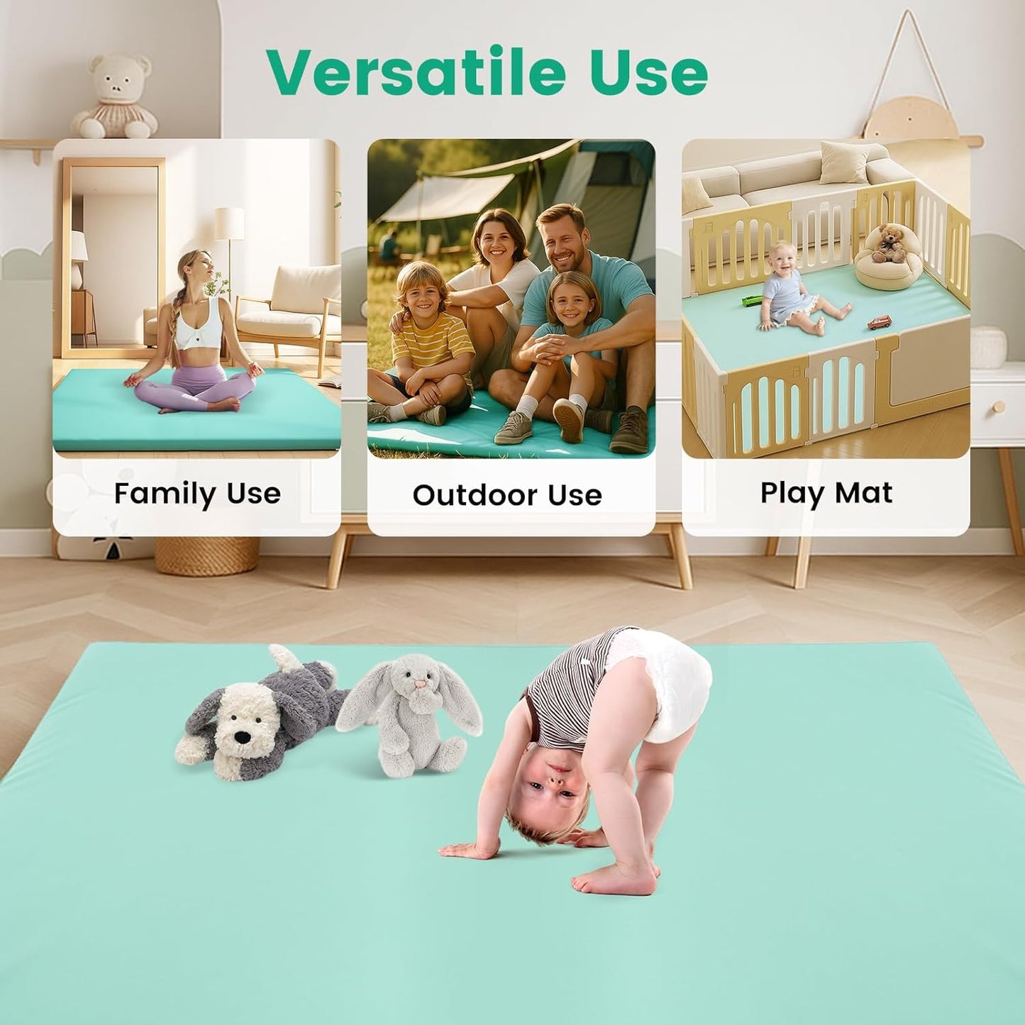 Inaya Baby Play Mat Vegan Leather 50x50”, Waterproof - Wipeable, Soft and Thick Foam Cushioned Floor Mat for Babies and Toddlers, Ideal for Crawling, Tummy Time, Playpen & Diaper Change, Stylish Green