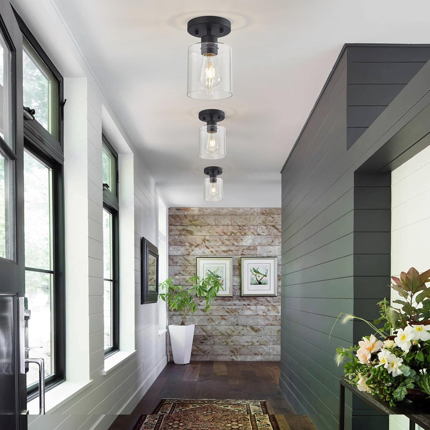 1 Light Semi Flush Mount Ceiling Light Black Kitchen Lighting Fixtures Ceiling Light Fixtures Small Hallway Lights with Clear Glass Shade for Bedroom Set of 2