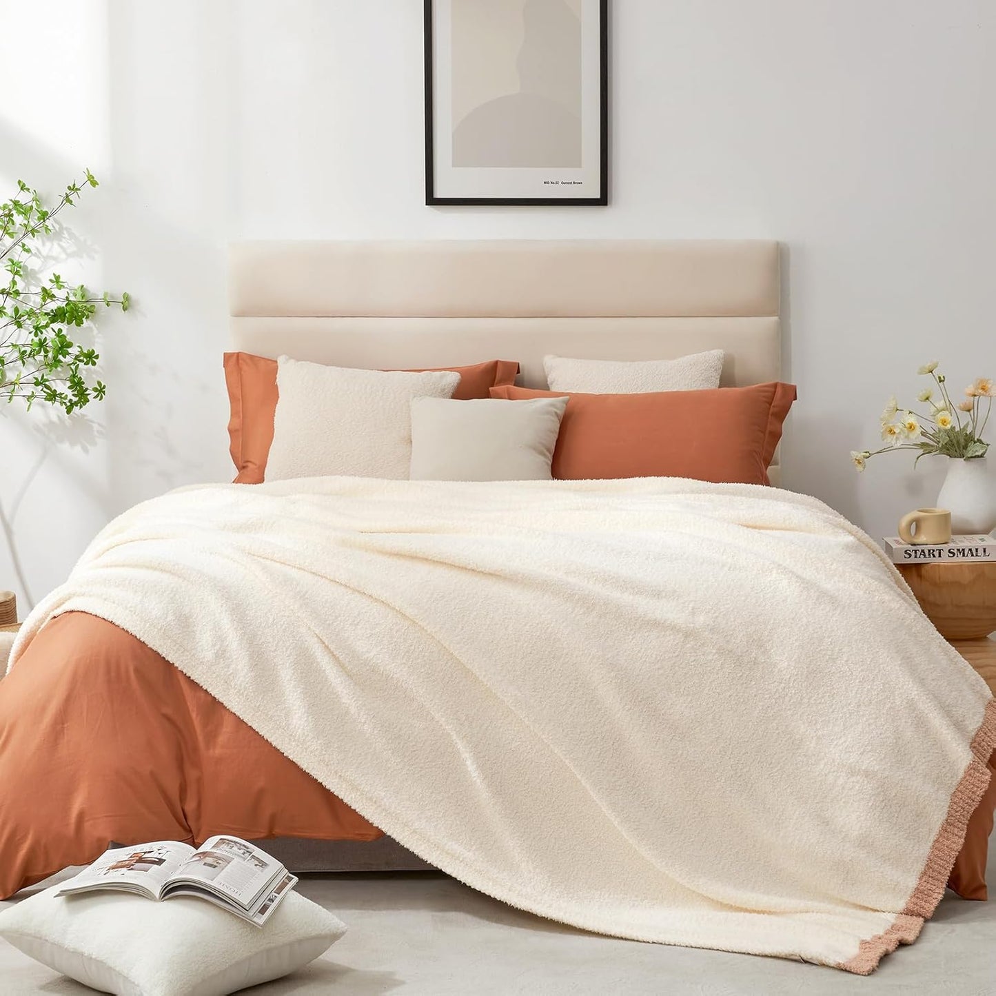 Snuggle Sac Cream Throw Blanket for Couch Bed Sofa 60x80 inches, Reversible Cream Blanket Microfiber Fluffy Fuzzy Cozy Knit Twin Blanket for Women Mothers Birthday Gifts