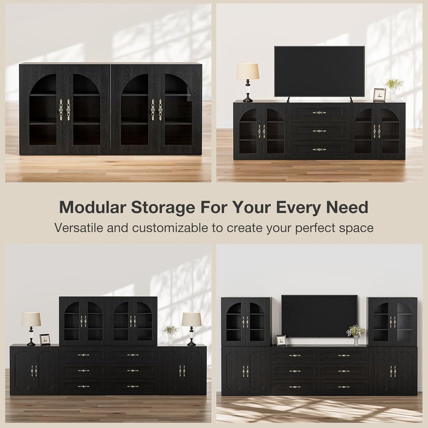 Modular Buffet Storage Cabinet, Glass 2-Door Kitchen Sideboard Buffet Console w/Adjustable Shelves, Wood Modular Organizer for Kitchen Living Room, 31.5 Inch