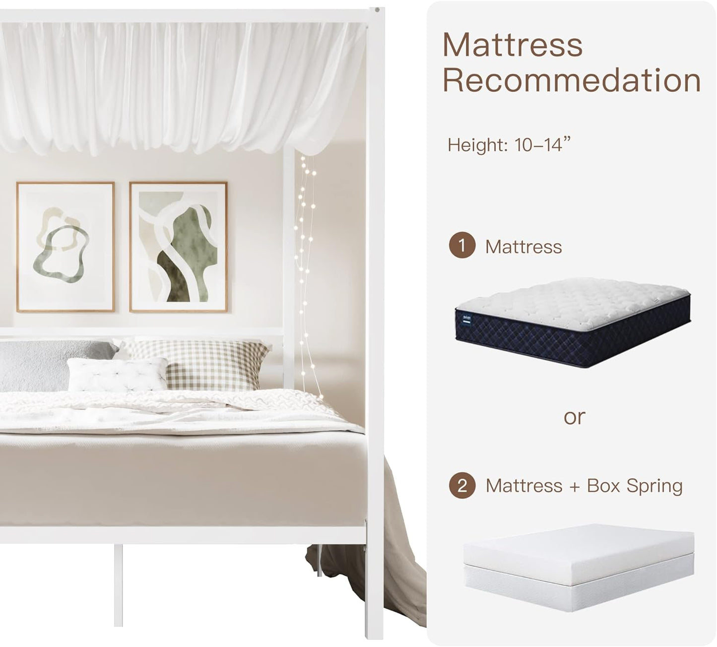 ikalido Queen Size Metal Canopy Bed Frame, Modern Four-Poster Platform Bed Frame, Mattress Foundation with Metal Slat Support/Under-Bed Storage Space/No Box Spring Needed/White