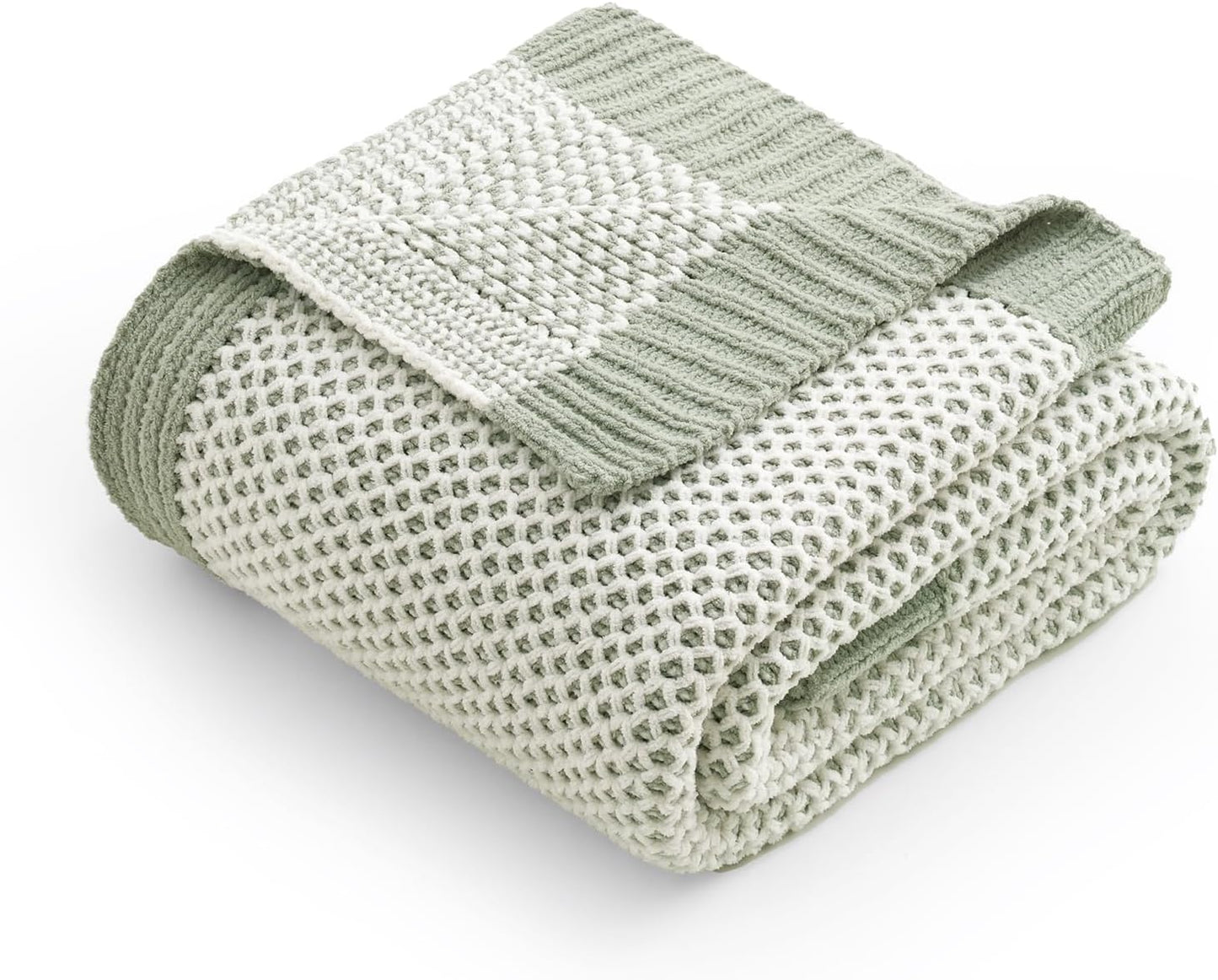 Amélie Home Honeycomb Knit Throw Blanket for Couch, Dual-Sided Soft Chenille Decorative Blankets for Sofa & Chair, 50"x60", Sage Green & White