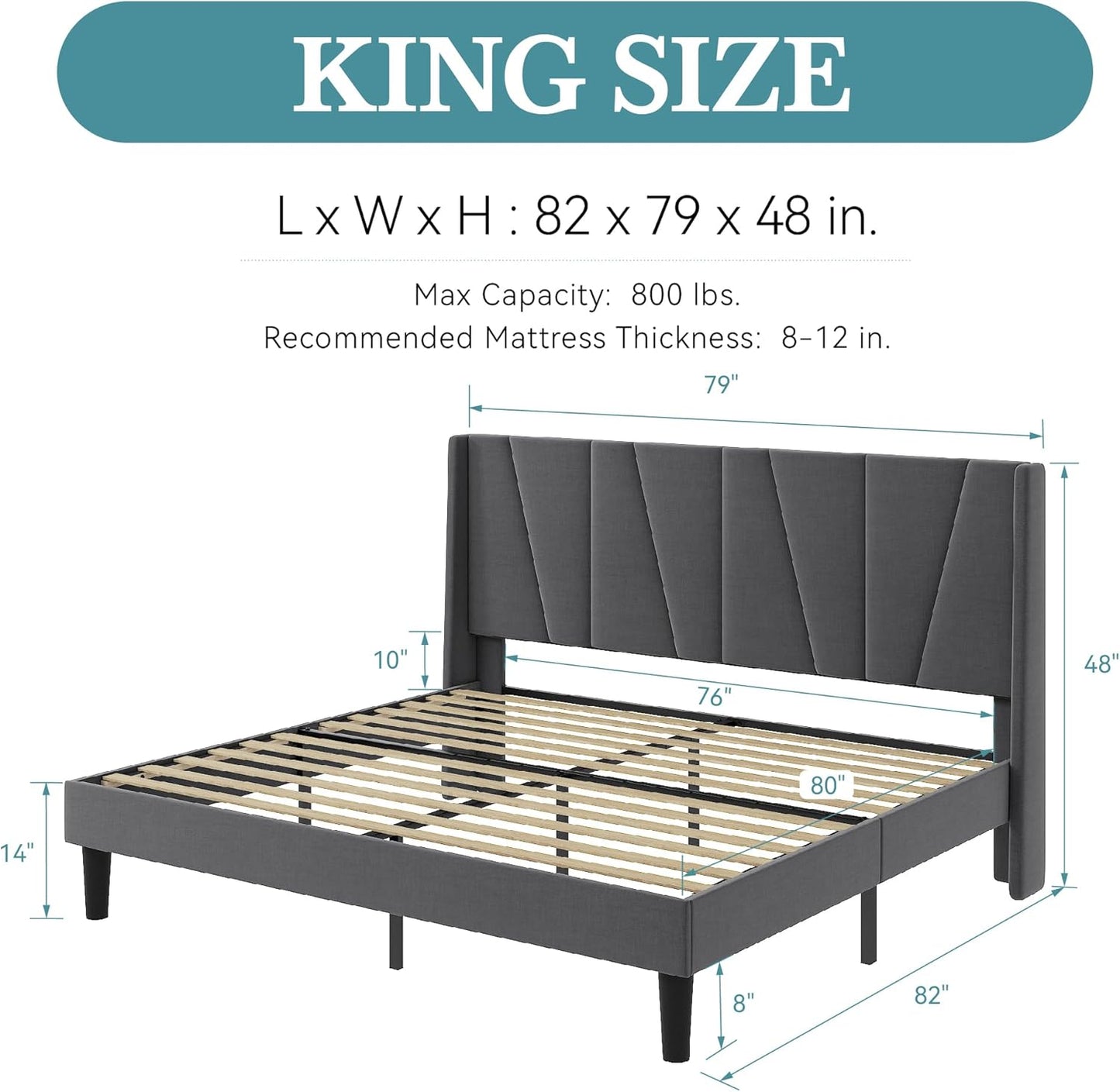 HOOMIC King Size Platform Bed Frame with Geometric Wingback Headboard, Wooden Slats Support, No Box Spring Needed, Modern Style in Dark Grey