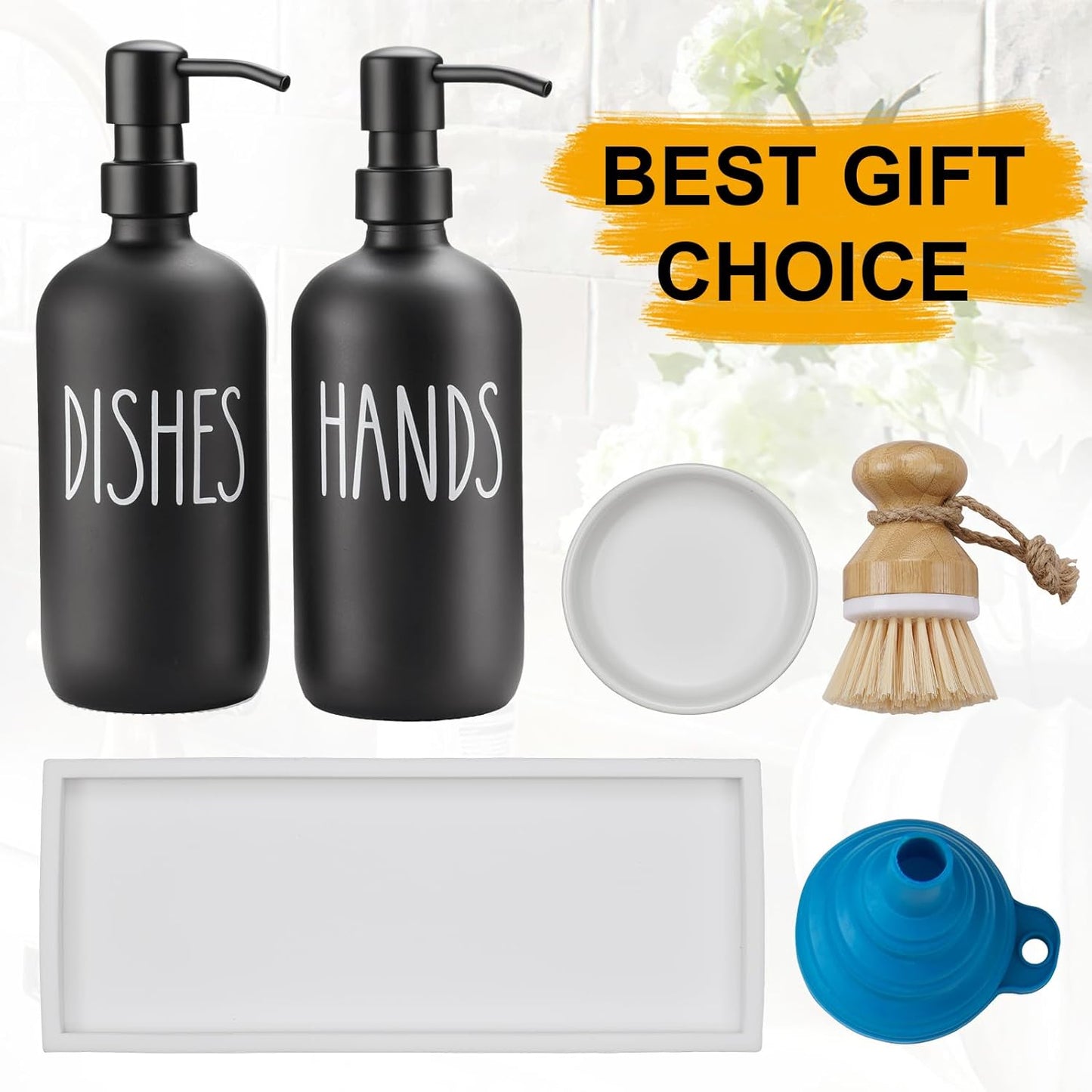 Glass Soap Dispenser for Kitchen,Farmhouse Dish &Hand Soap Dispenser Set, Rustproof Pump with Tray and Dish Brush,Kitchen Decor(Black)