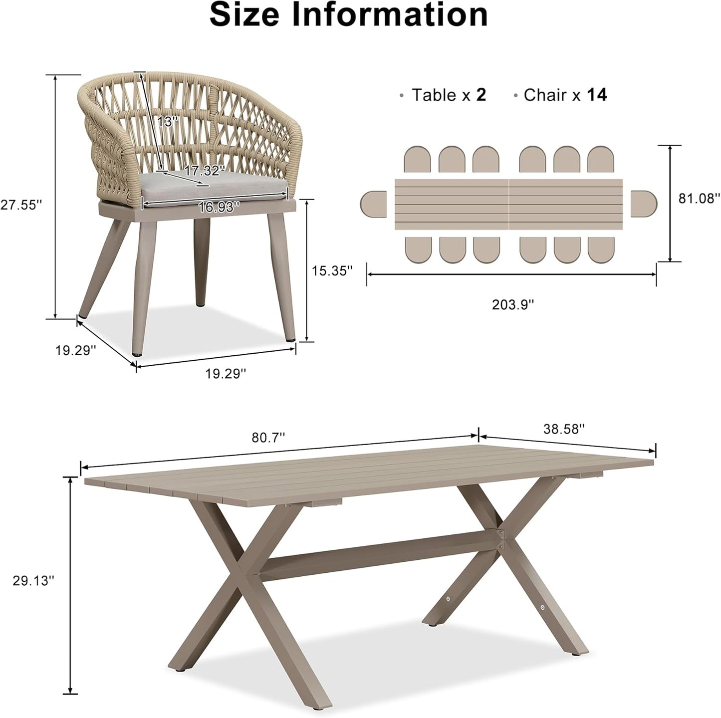 PURPLE LEAF 16 Pieces Outdoor Dining Set All-Weather PE Rattan Outdoor Patio Furniture Set with All Aluminum Frame Rectangular Table and Chairs Set for Lawn Garden Backyard Deck, Champagne