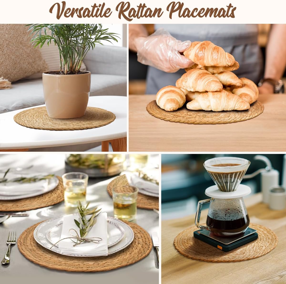 13.8 in Round Woven Placemats Plate Chargers Set of 6, Boho Farmhouse Rustic Woven Place Mats for Dining Table Decor, Rattan Wicker Table Mats Jute Braided Chargers for Dinner Plates