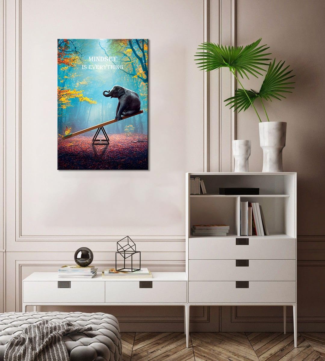 SKASNFAI Elephant Wall Art Mindset Motivation Office Wall Canvas Animals Poster Framed Artwork for Living room Ready to Hang (12x16 inch)