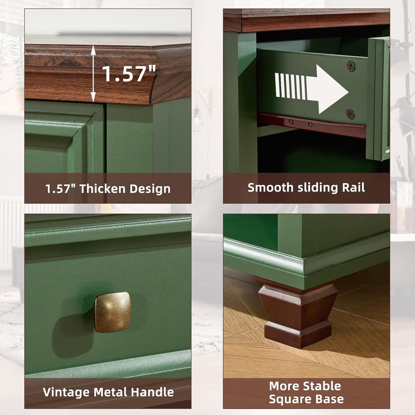 Farmhouse End Tables Living Room with Drawer, Rustic Wood Nightstand with Charging Station, Bedside Table with Open Shelf for Bed Room, Living Room, Green