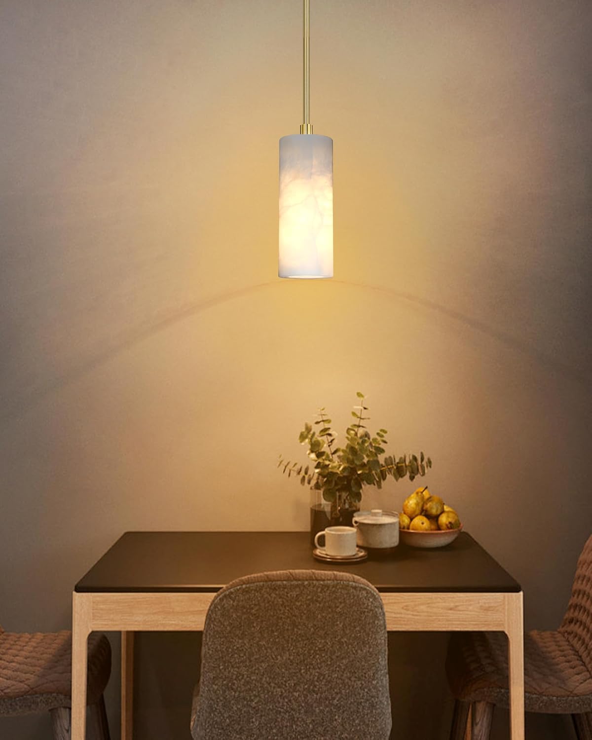 1 Light Modern Industrial Farmhouse Hanging Kitchen Island Pendant Ceiling Light Fixture,Cylinder Natural Alabaster Marble Brushed Bronze Finish Over Sink Restaurant bar Corridor