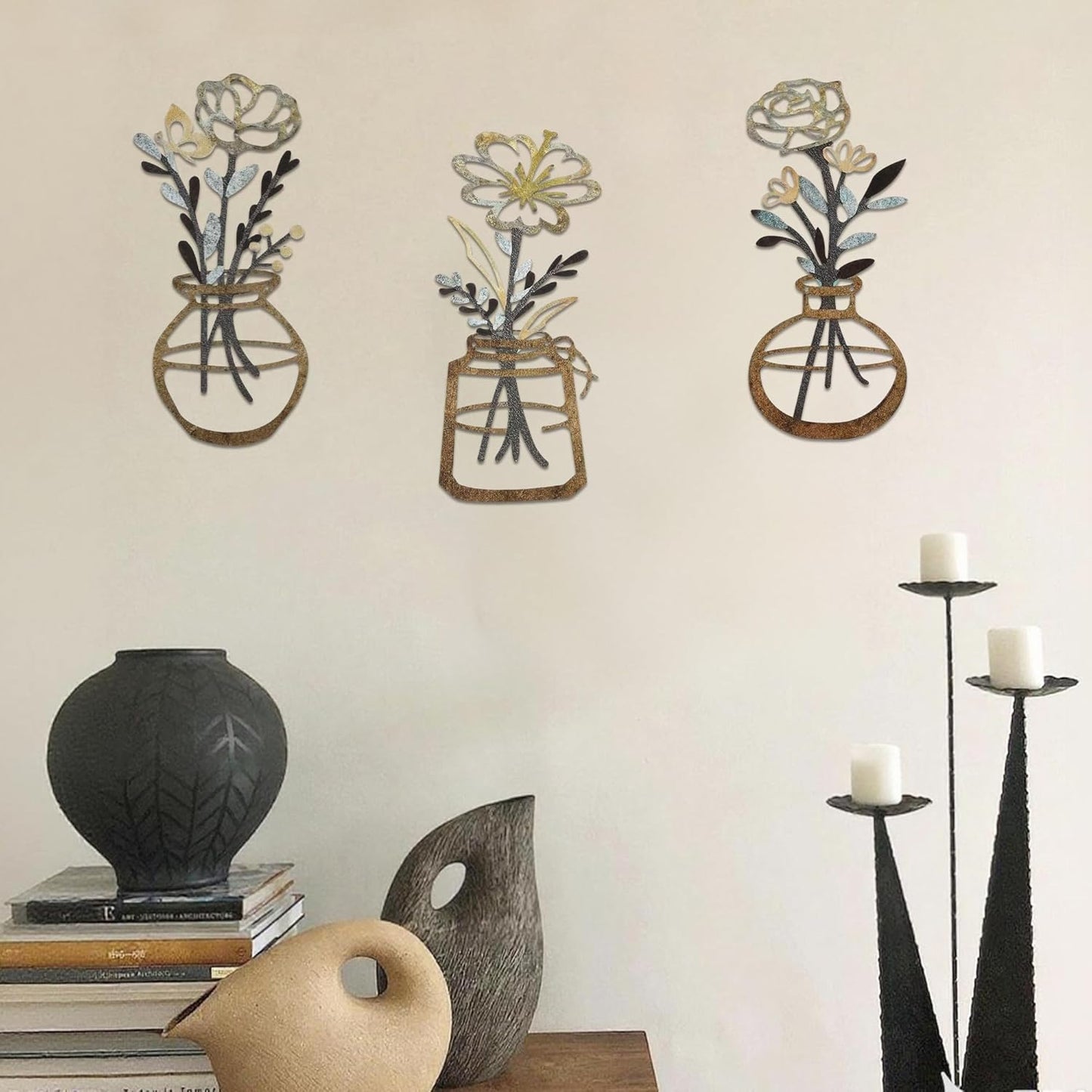 Metal Flower Wall Art 3 Pieces, Rustic Farmhouse Decor Wall Decor, Metal Wall Sculptures Hanging for Kitchen Bathroom Living Room (Brown)