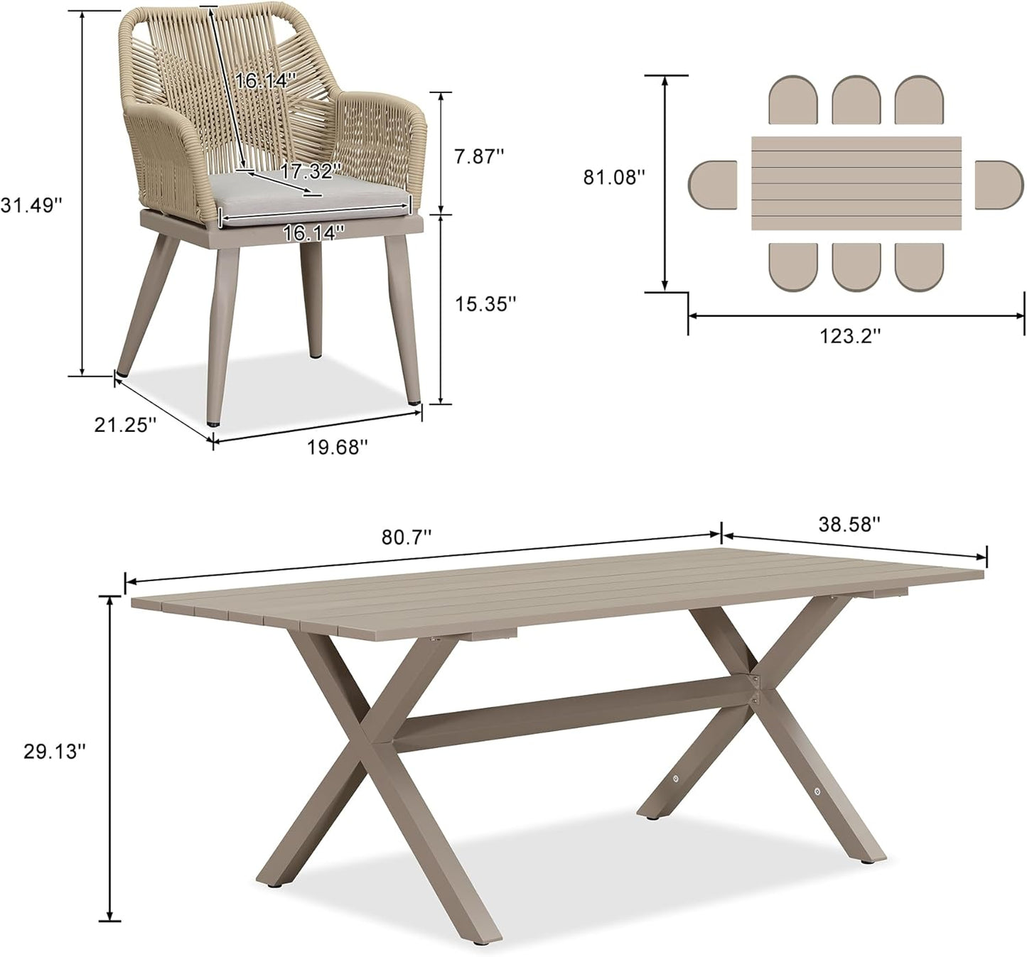 PURPLE LEAF 9 Pieces Outdoor Dining Set All-Weather PE Rattan Outdoor Patio Furniture Set with All Aluminum Frame Rectangular Table and Chairs Set for Lawn Garden Backyard Deck, Champagne