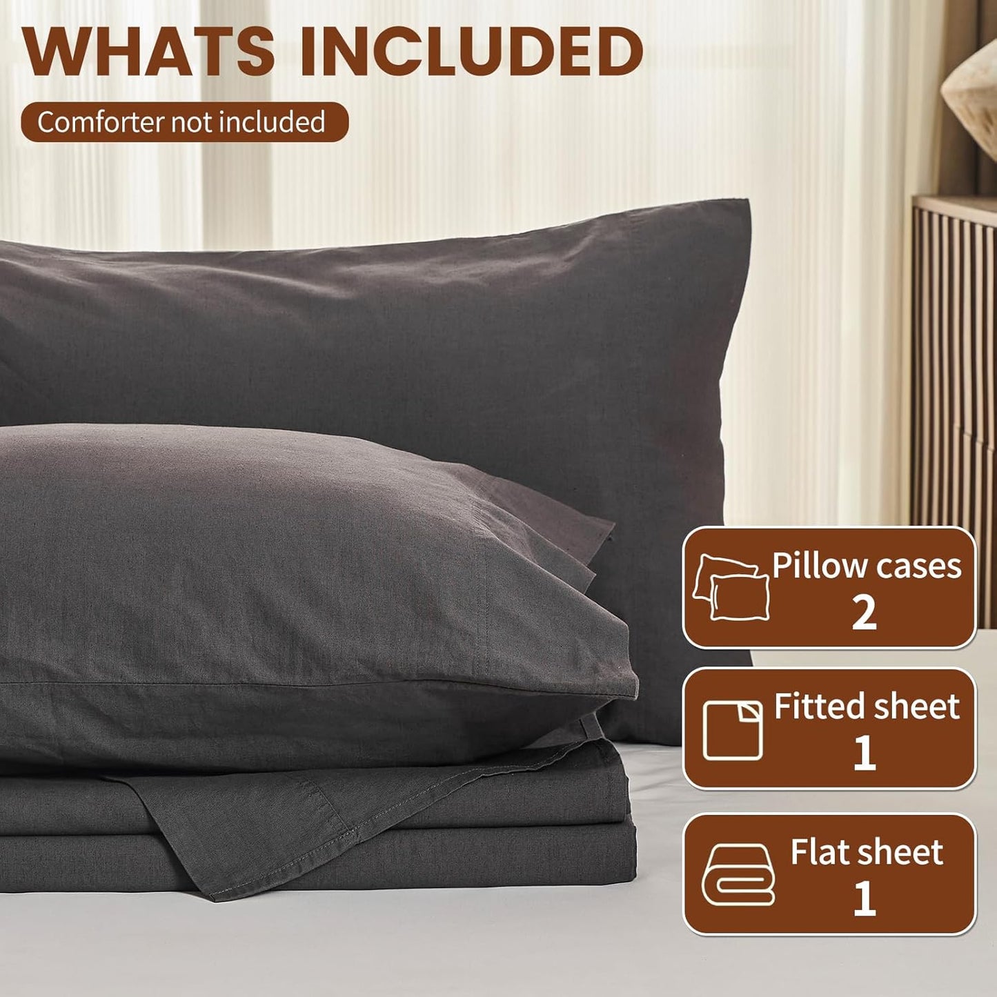 100% Linen Sheets California King Size,Breathable & Durable 4-Piece Bed Flax Sheet Set,Soft All-Season Bedding for Hot Sleepers 16" Deep Pocket Oeko-TEX Certified,(Cal King, Dark Grey)