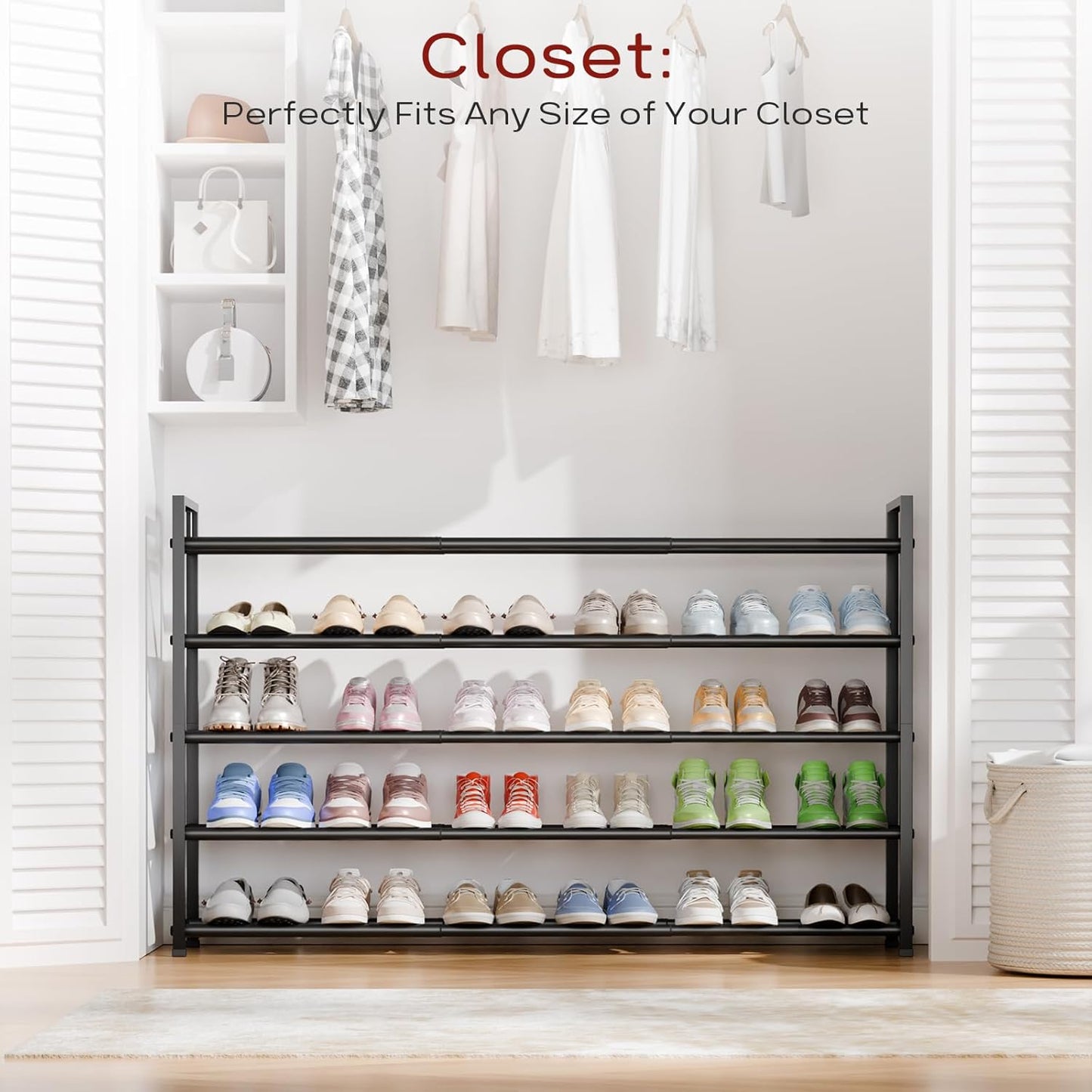 Bumusty 5-Tier Long Expandable Shoe Rack for Closet, 18"-44" Adjustable Shoe Rack for Entryway, 25-30 Pairs Large Shoe Organizer Shelf Storage, Sturdy Metal, Black