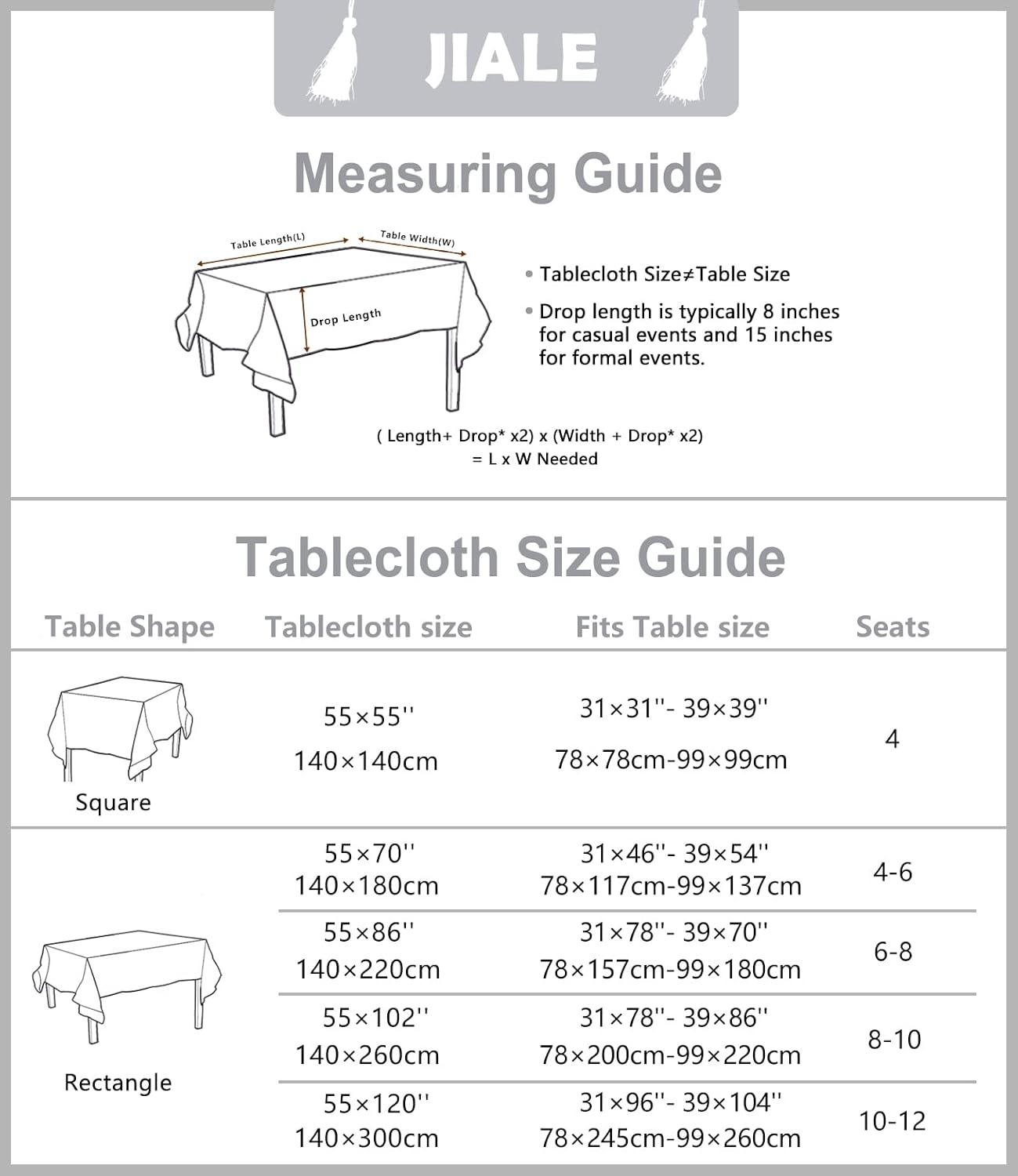 JIALE Tablecloths for Rectangle Tables,Cotton Linen Table Cloth Waterproof Tablecloth Wrinkle Free Farmhouse Dining Tables Cover,Soft Fabric Table Cloths with Tassels,Grey,55" X 120",10-12 Seats